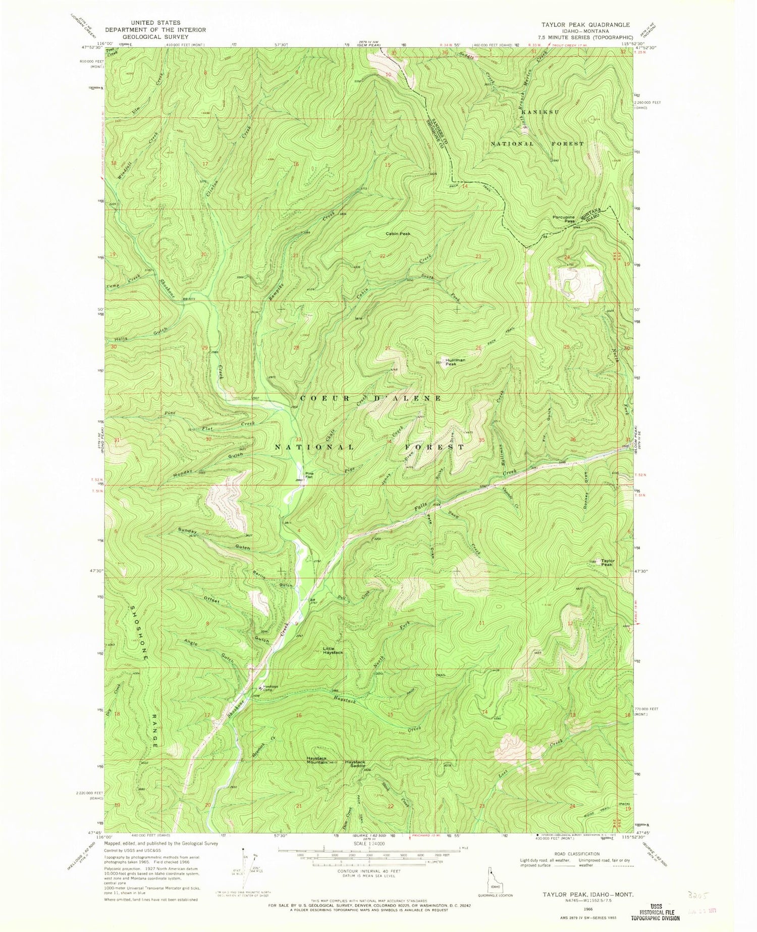 Classic USGS Taylor Peak Idaho 7.5'x7.5' Topo Map Image