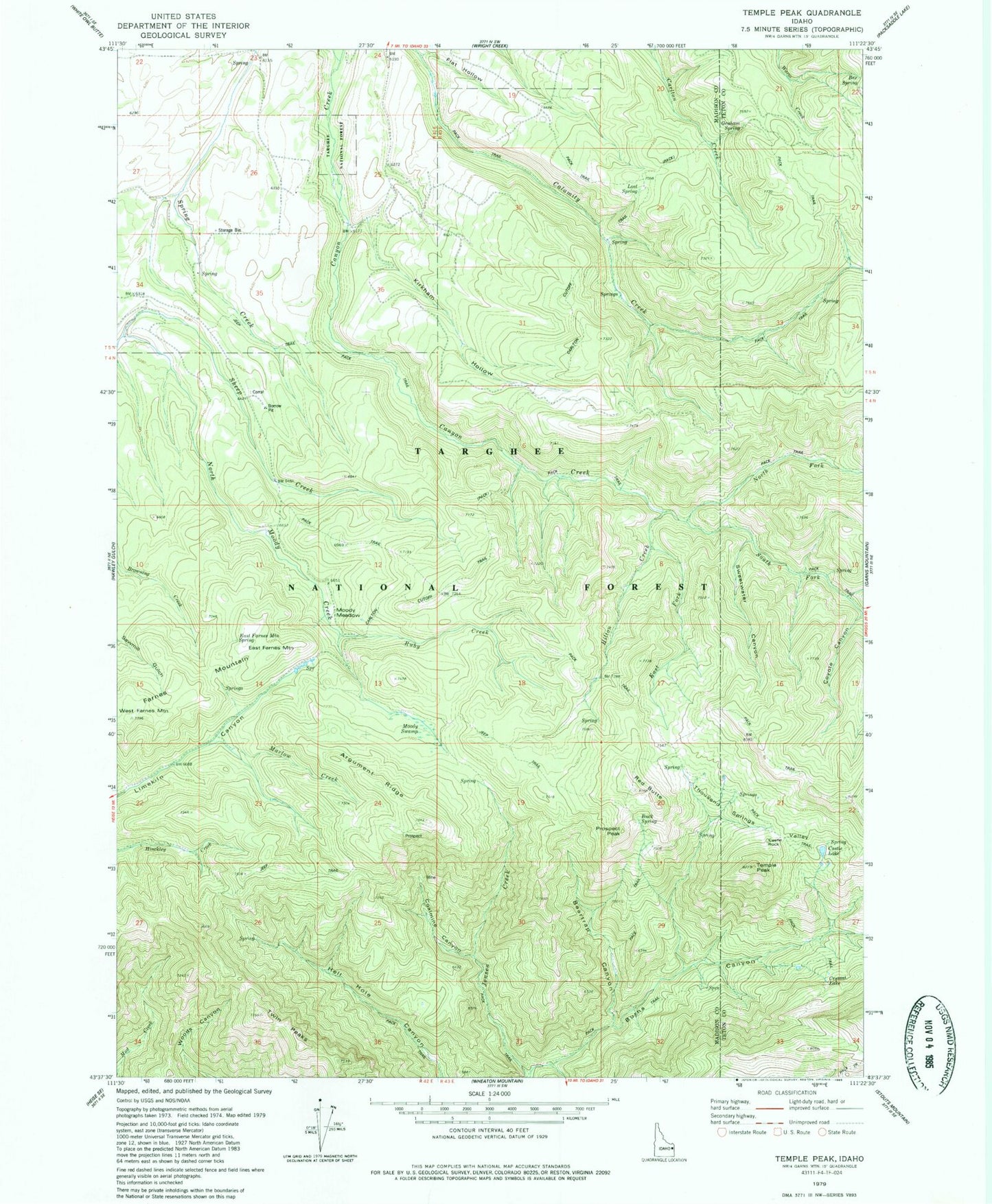 Classic USGS Temple Peak Idaho 7.5'x7.5' Topo Map Image