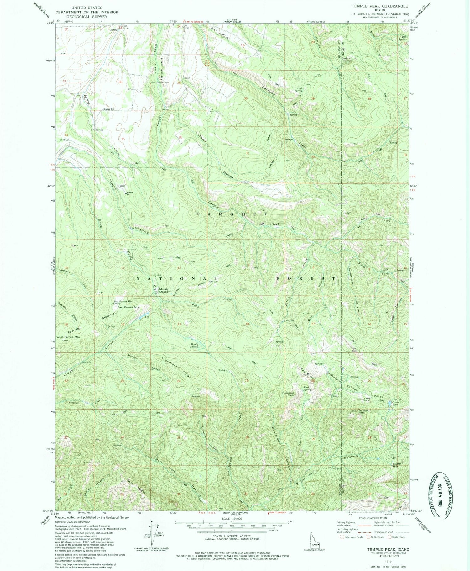 Classic USGS Temple Peak Idaho 7.5'x7.5' Topo Map Image