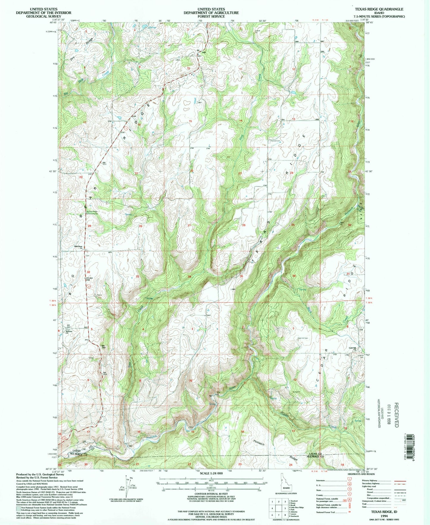 Classic USGS Texas Ridge Idaho 7.5'x7.5' Topo Map Image