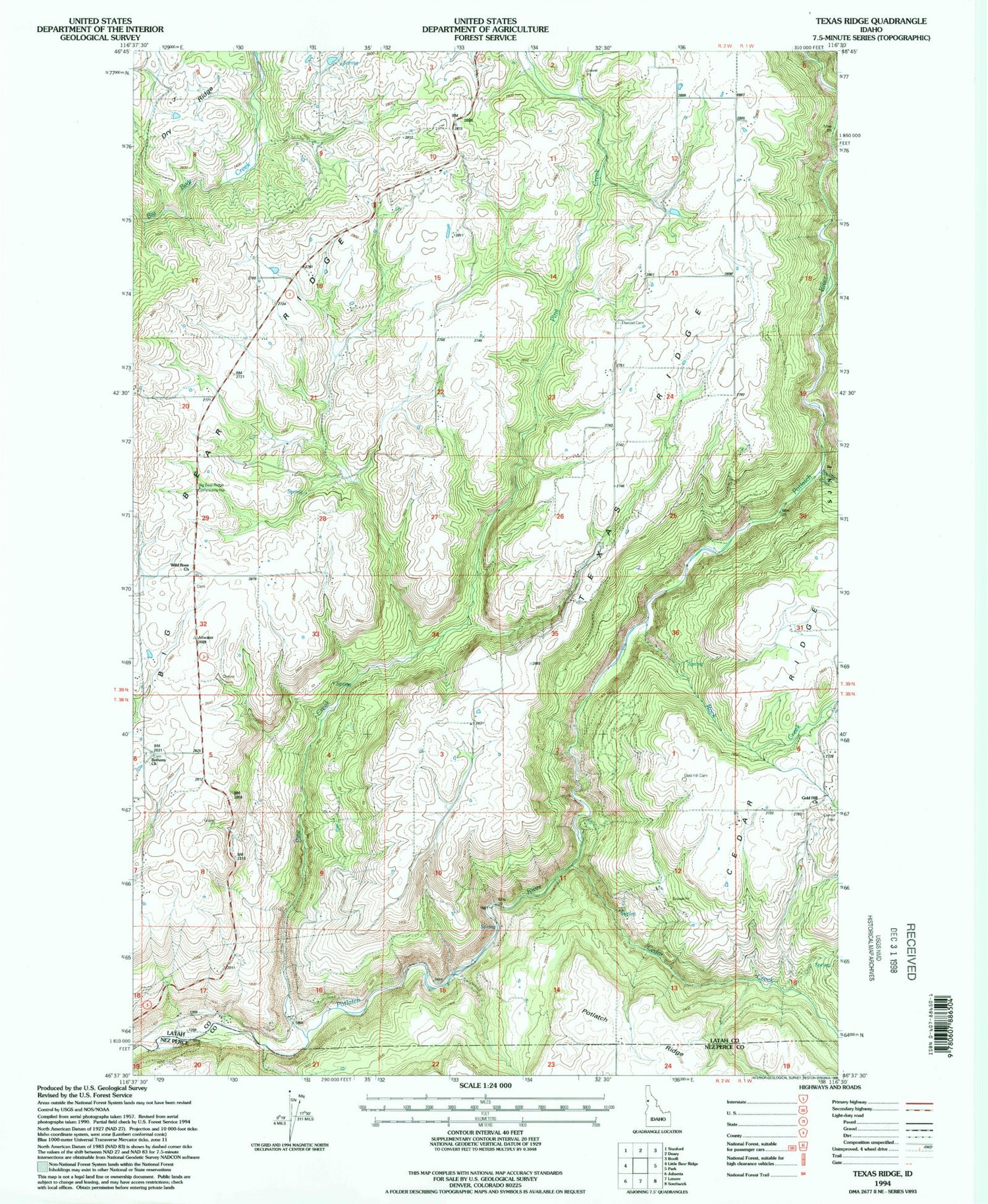 Classic USGS Texas Ridge Idaho 7.5'x7.5' Topo Map Image