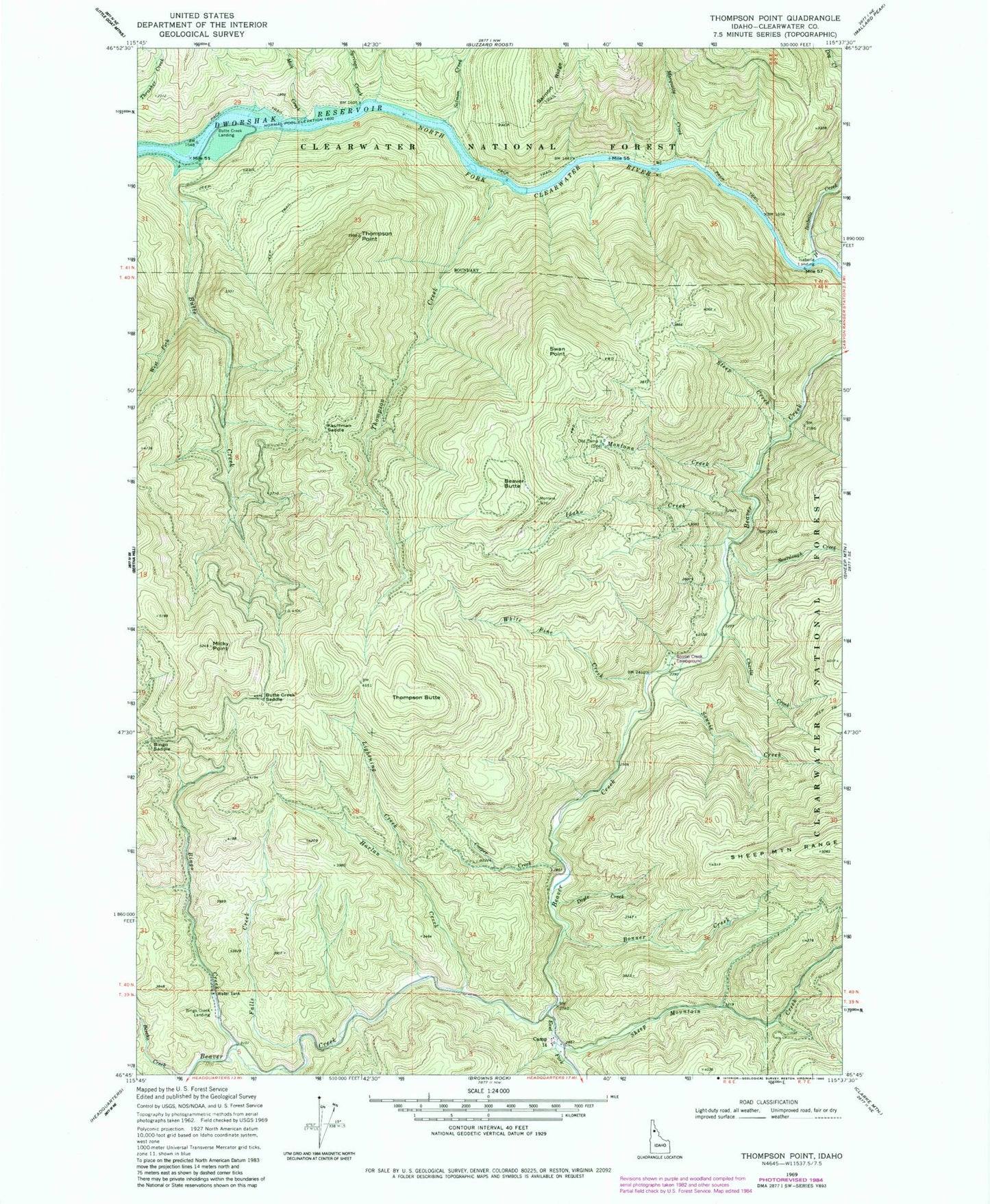 Classic USGS Thompson Point Idaho 7.5'x7.5' Topo Map Image
