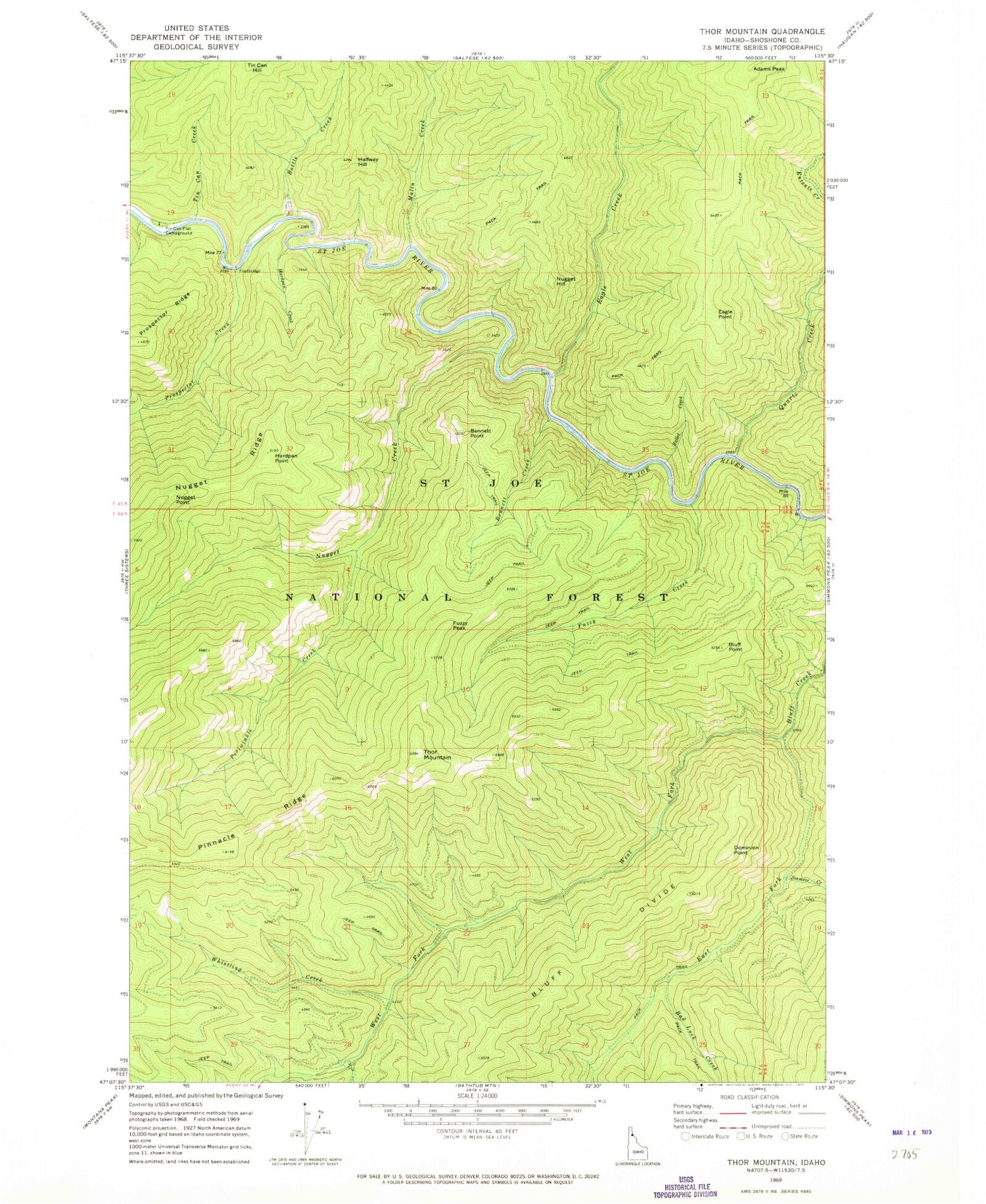 Classic USGS Thor Mountain Idaho 7.5'x7.5' Topo Map Image