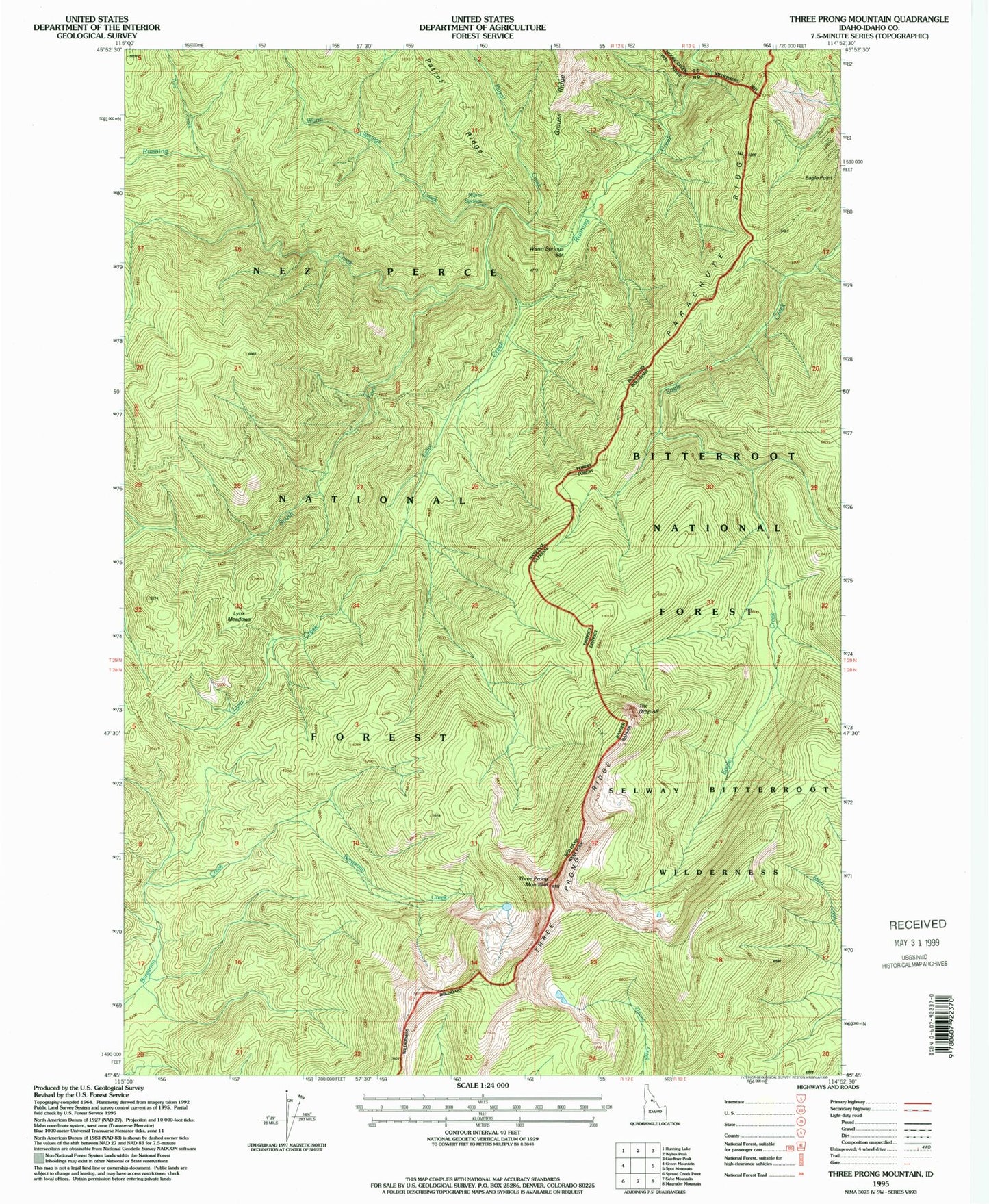 Classic USGS Three Prong Mountain Idaho 7.5'x7.5' Topo Map Image