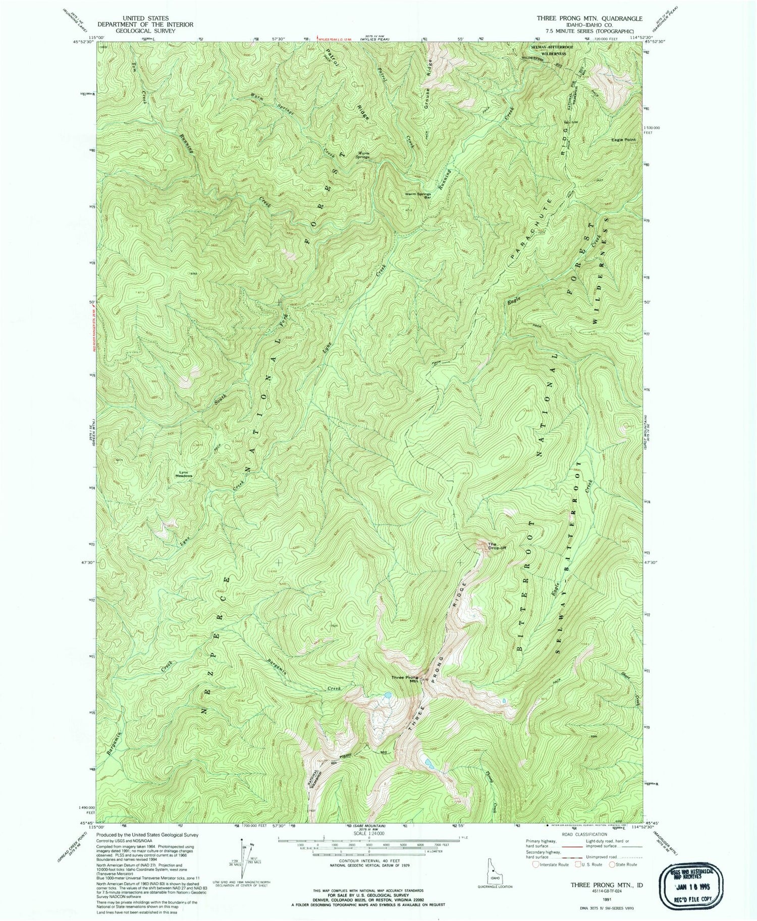 Classic USGS Three Prong Mountain Idaho 7.5'x7.5' Topo Map Image