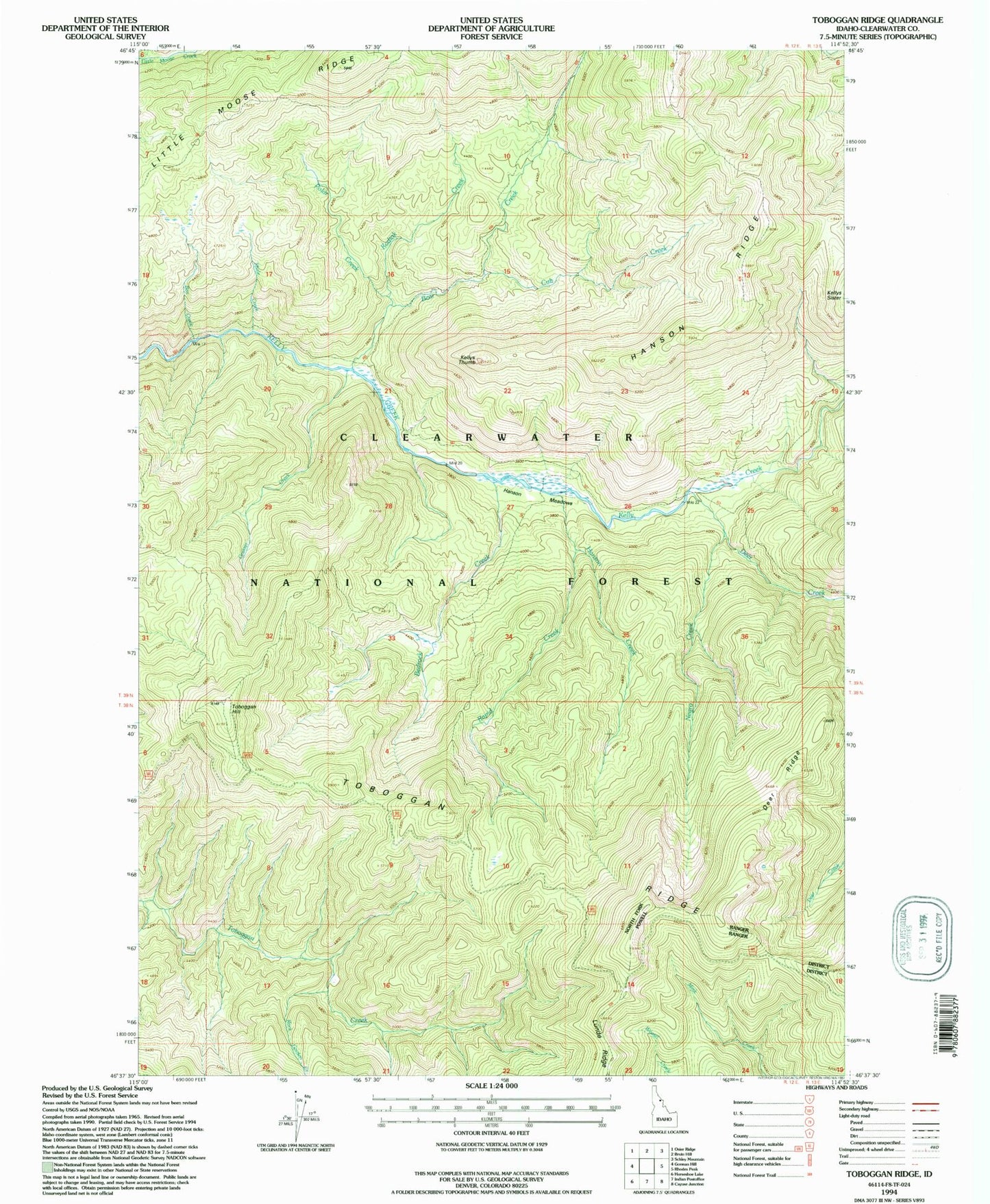 Classic USGS Toboggan Ridge Idaho 7.5'x7.5' Topo Map Image
