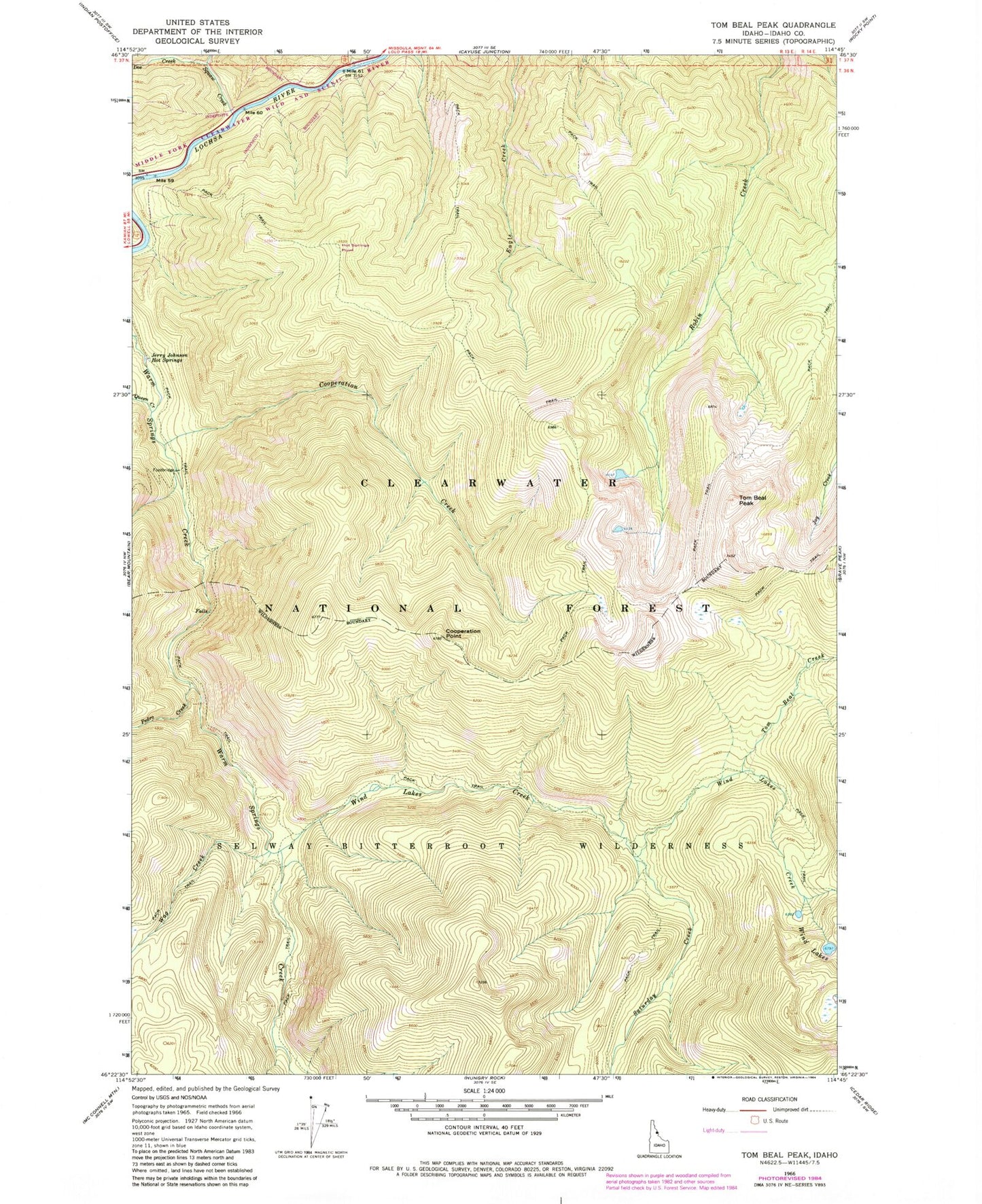 Classic USGS Tom Beal Peak Idaho 7.5'x7.5' Topo Map Image
