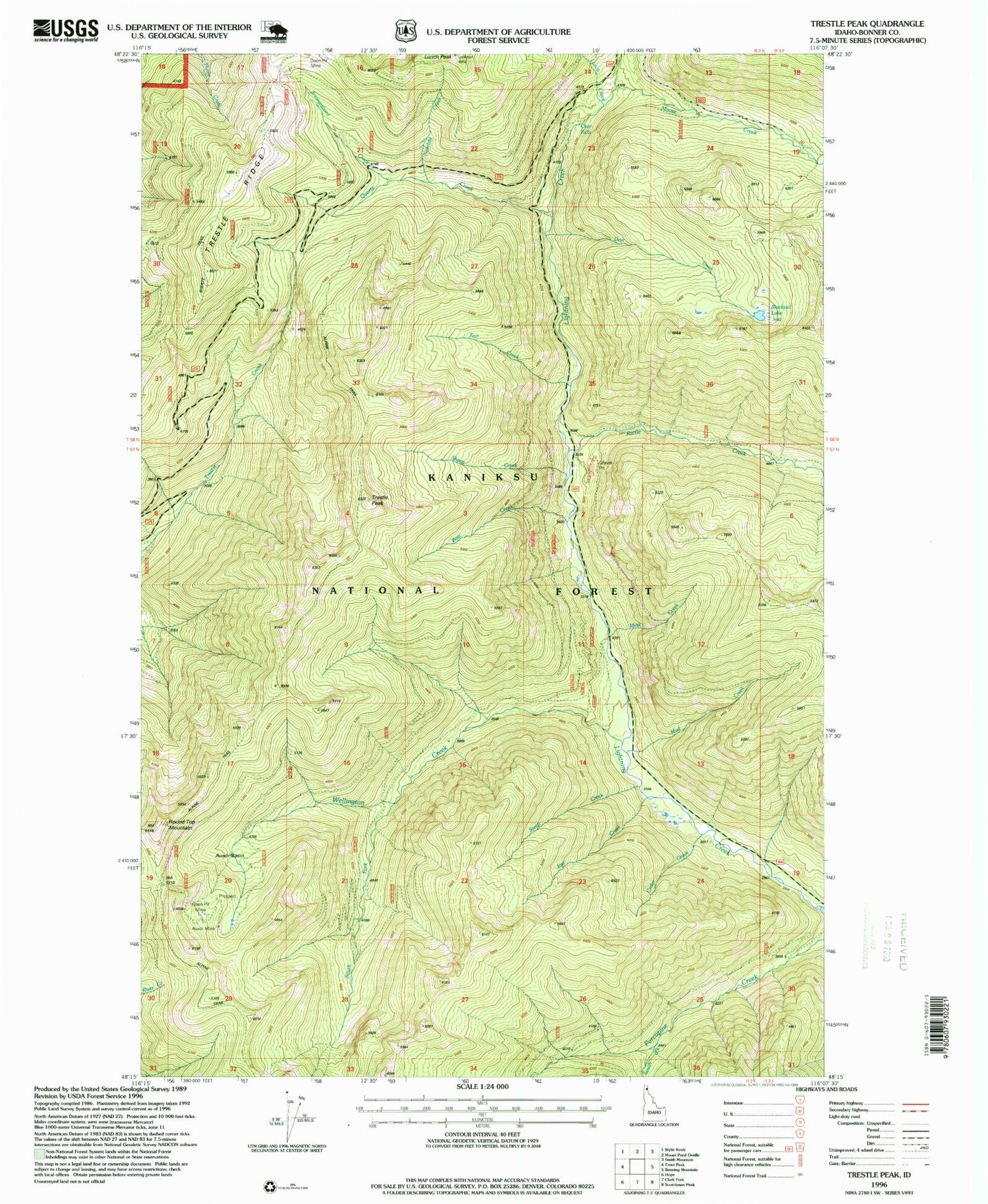 Classic USGS Trestle Peak Idaho 7.5'x7.5' Topo Map Image