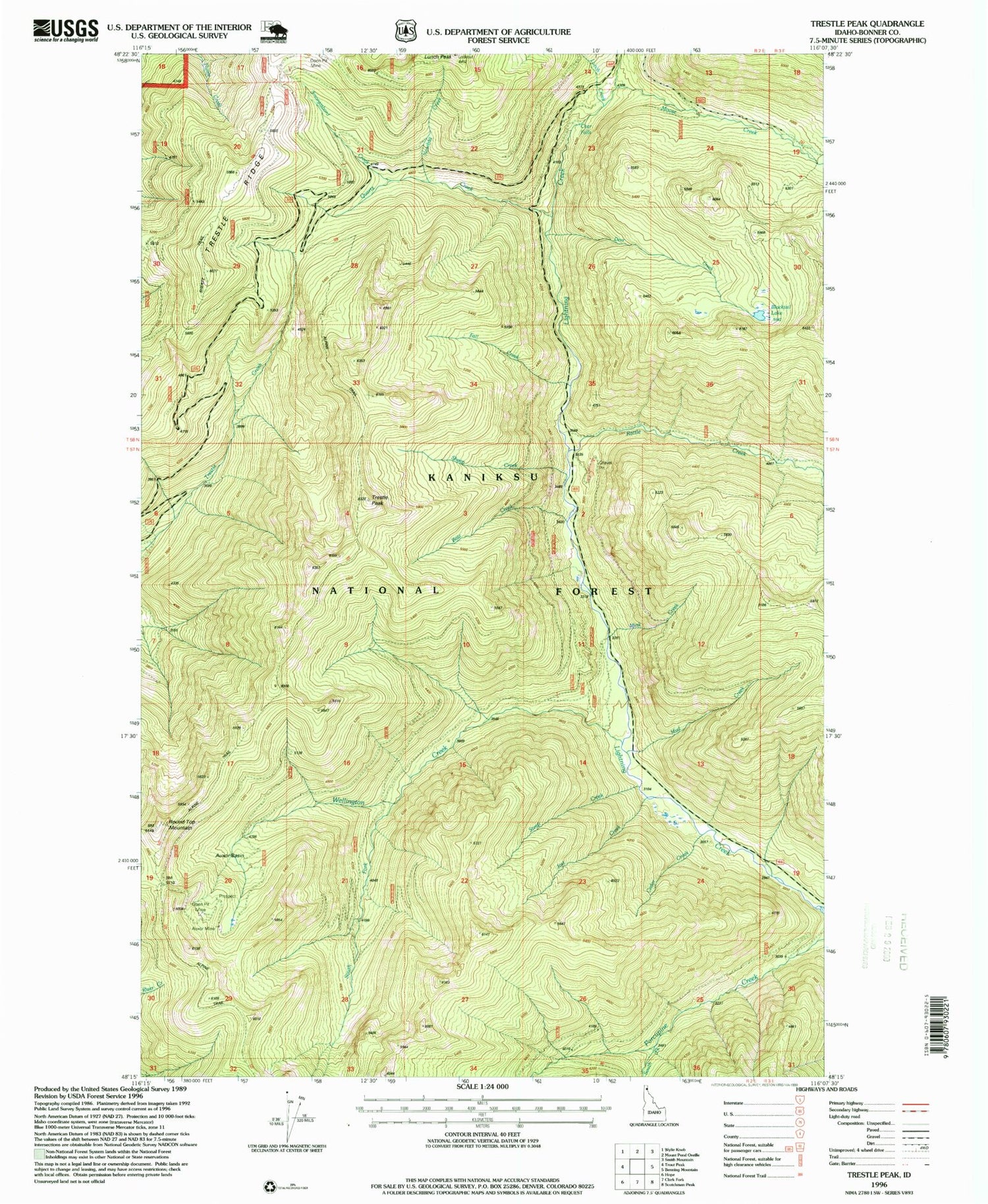 Classic USGS Trestle Peak Idaho 7.5'x7.5' Topo Map Image