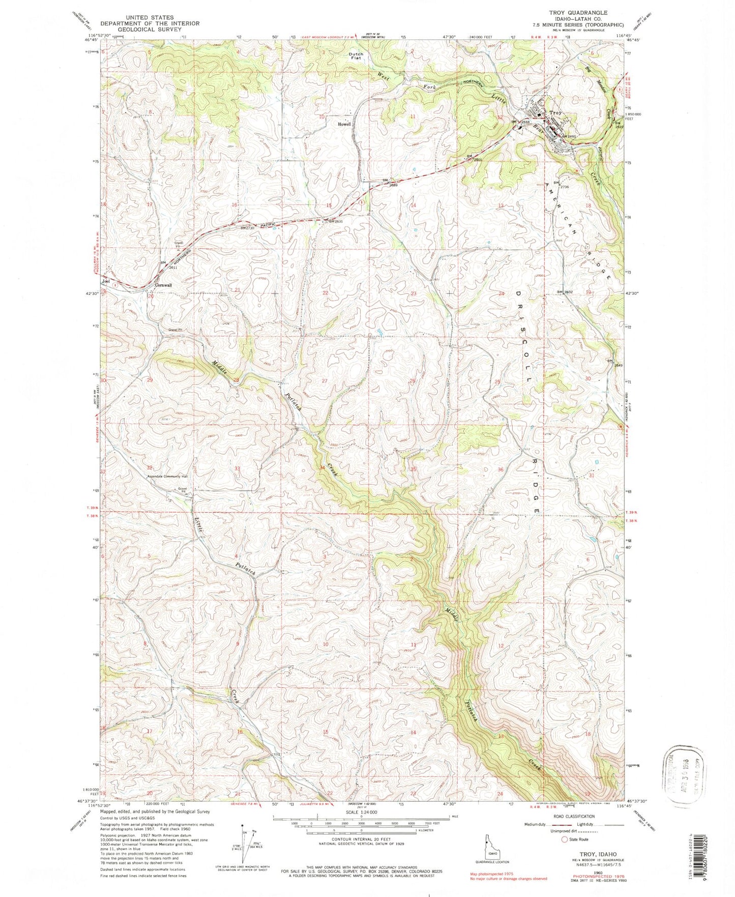 Classic USGS Troy Idaho 7.5'x7.5' Topo Map Image