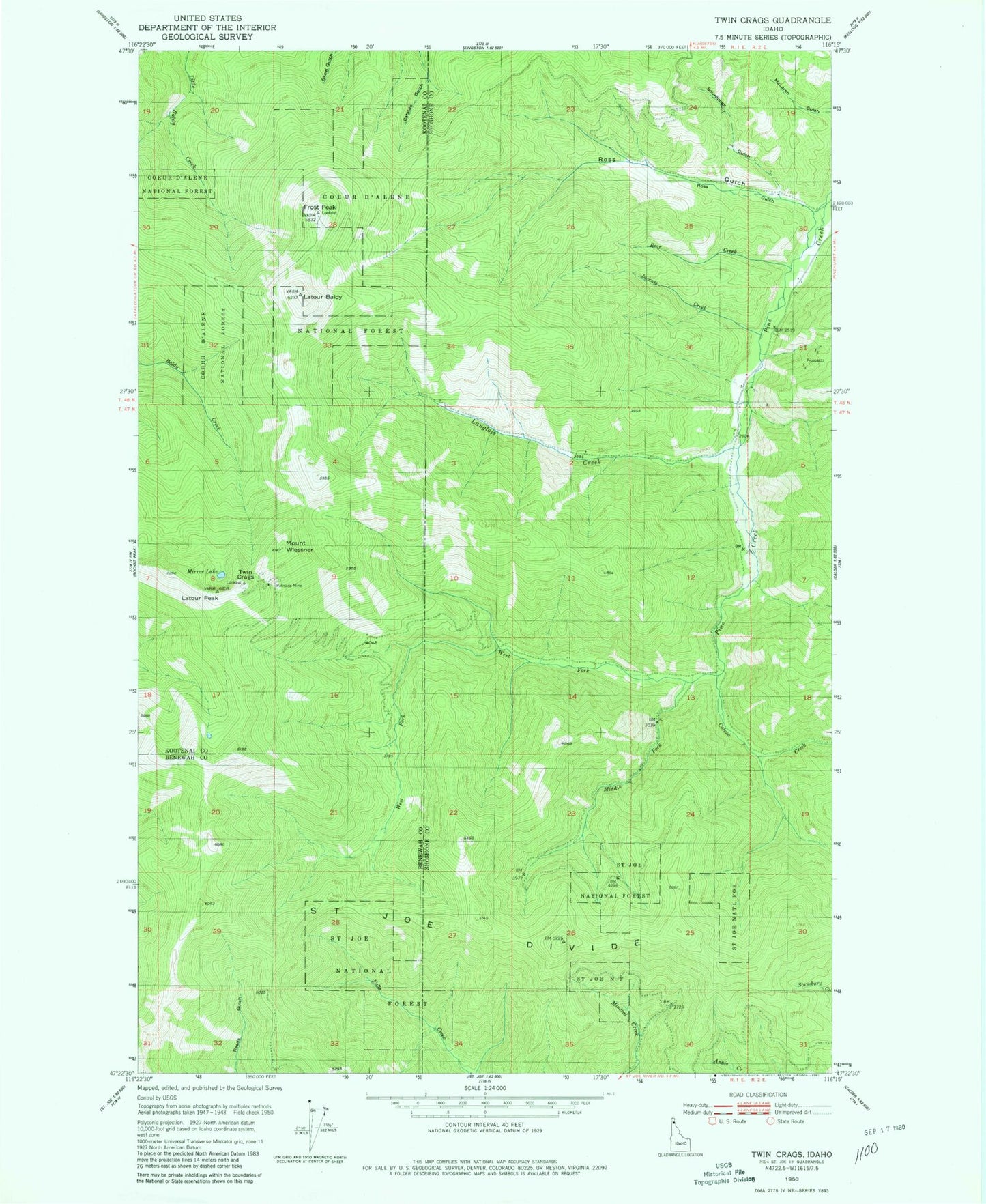 Classic USGS Twin Crags Idaho 7.5'x7.5' Topo Map Image