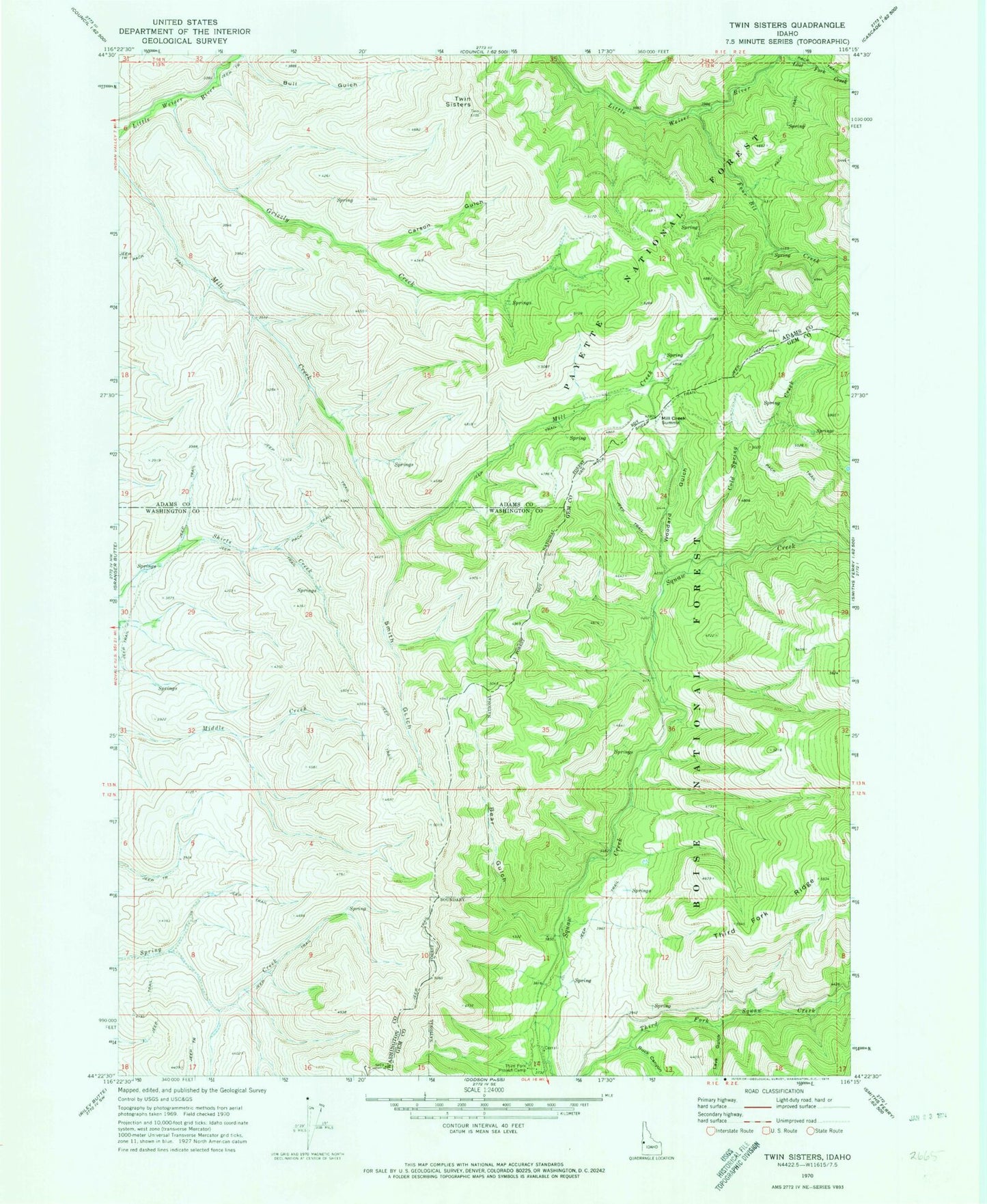Classic USGS Twin Sisters Idaho 7.5'x7.5' Topo Map Image