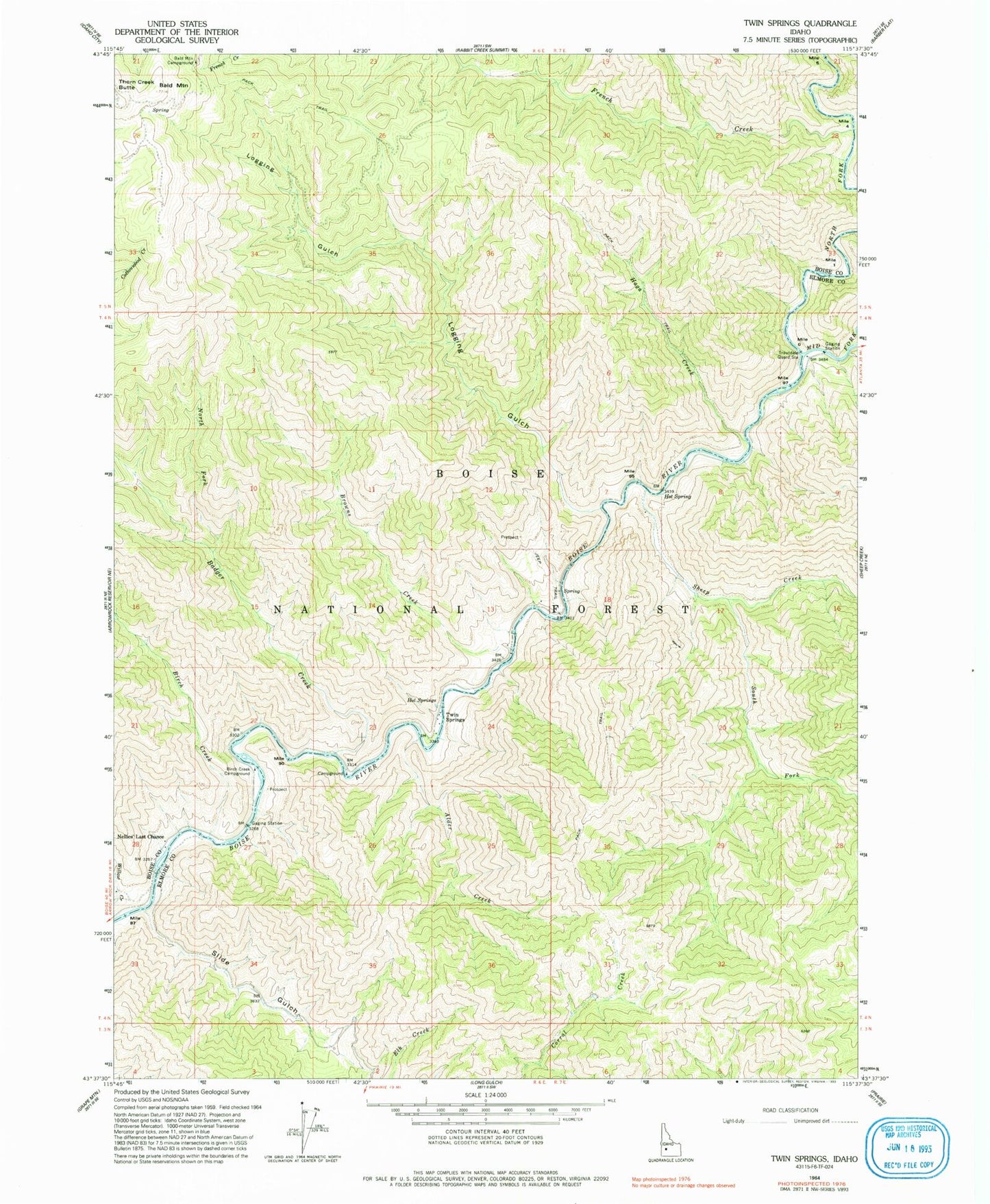 Classic USGS Twin Springs Idaho 7.5'x7.5' Topo Map Image