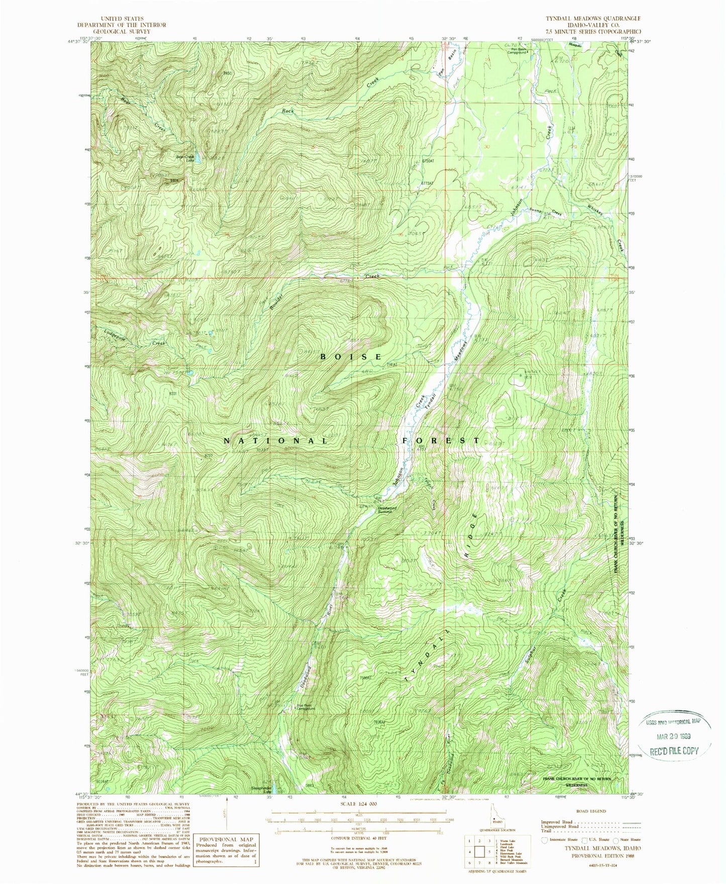 Classic USGS Tyndall Meadows Idaho 7.5'x7.5' Topo Map Image