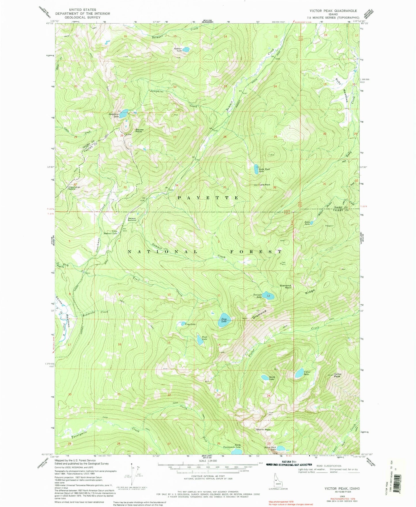 Classic USGS Victor Peak Idaho 7.5'x7.5' Topo Map Image