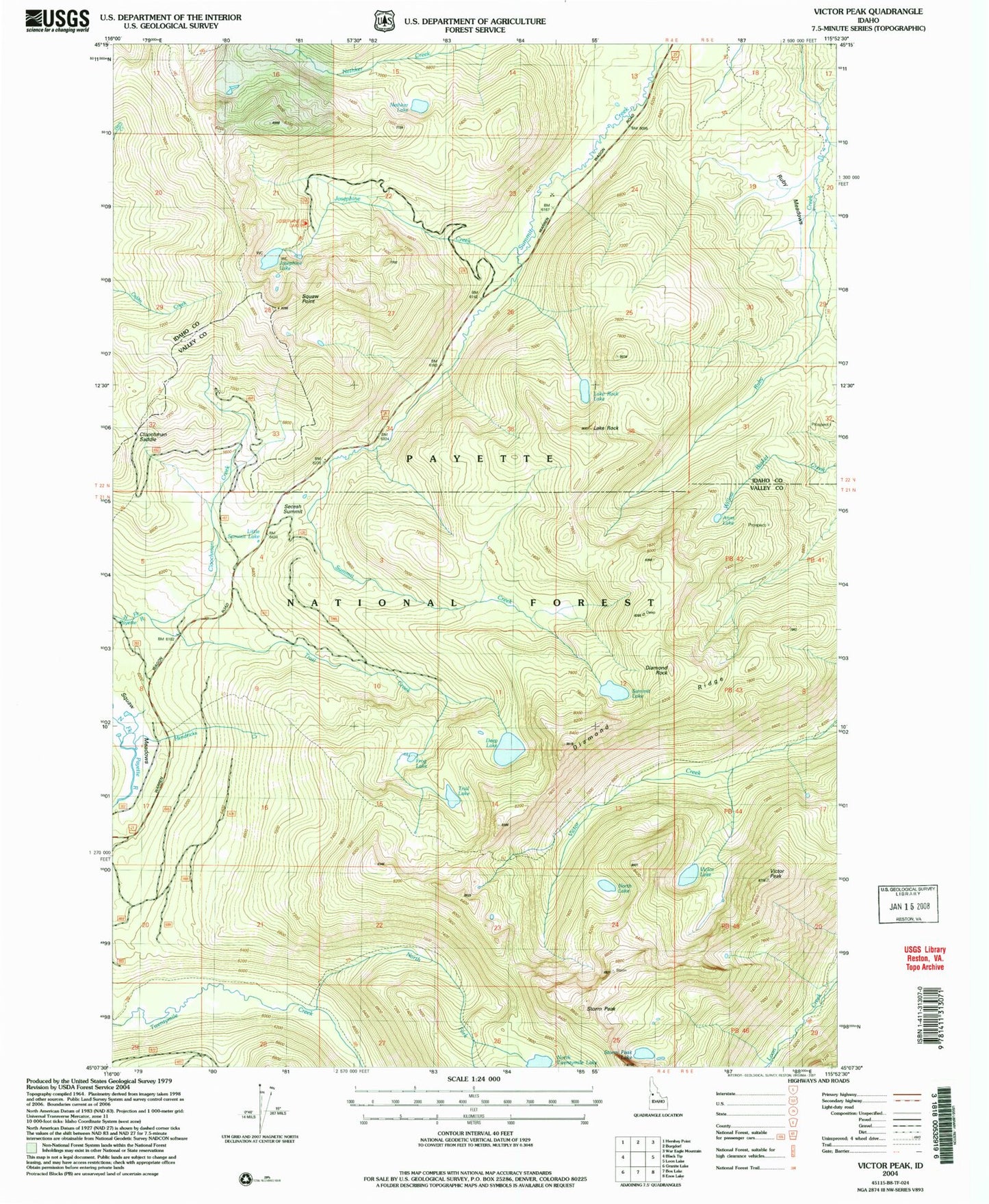 Classic USGS Victor Peak Idaho 7.5'x7.5' Topo Map Image