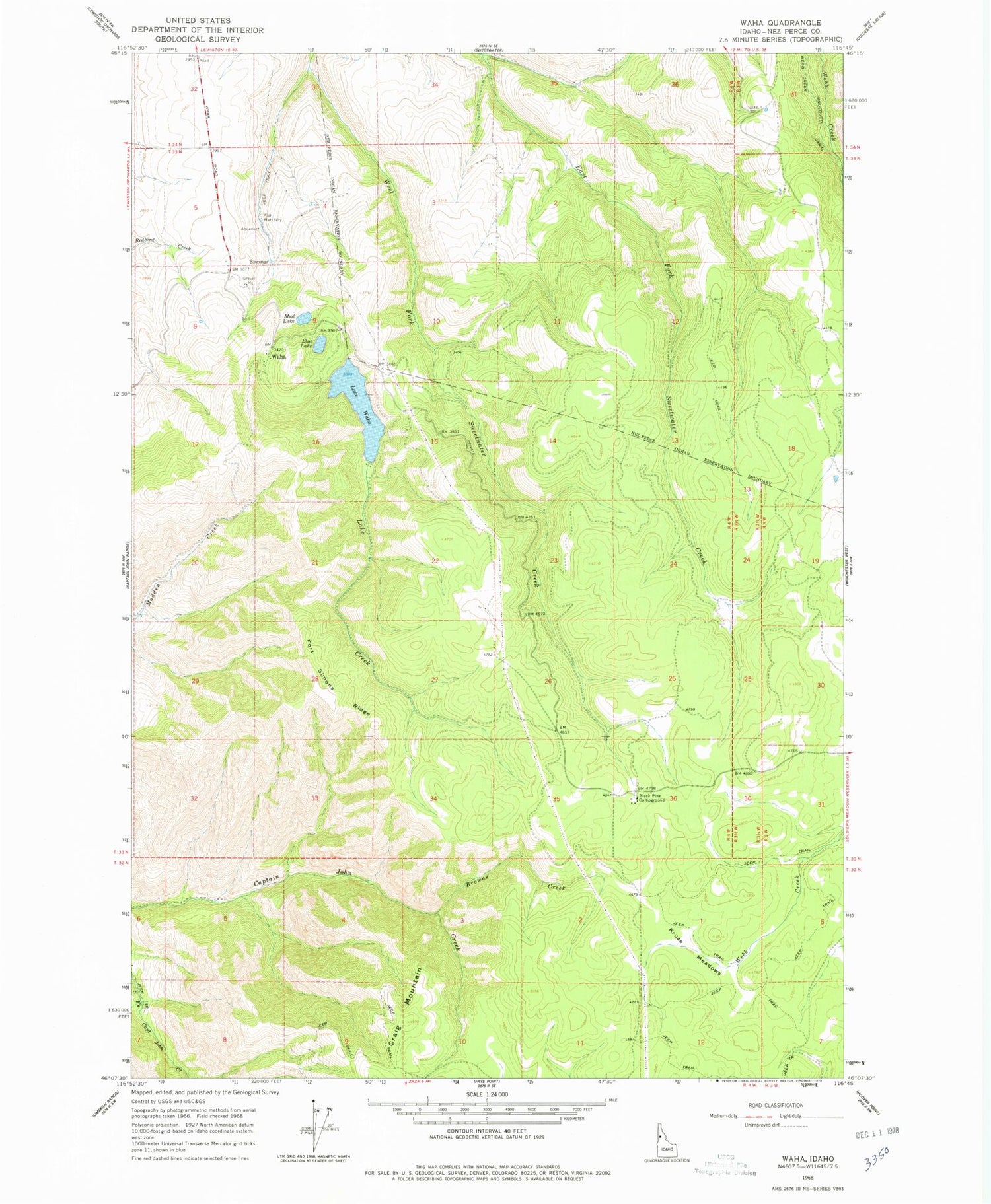 Classic USGS Waha Idaho 7.5'x7.5' Topo Map Image