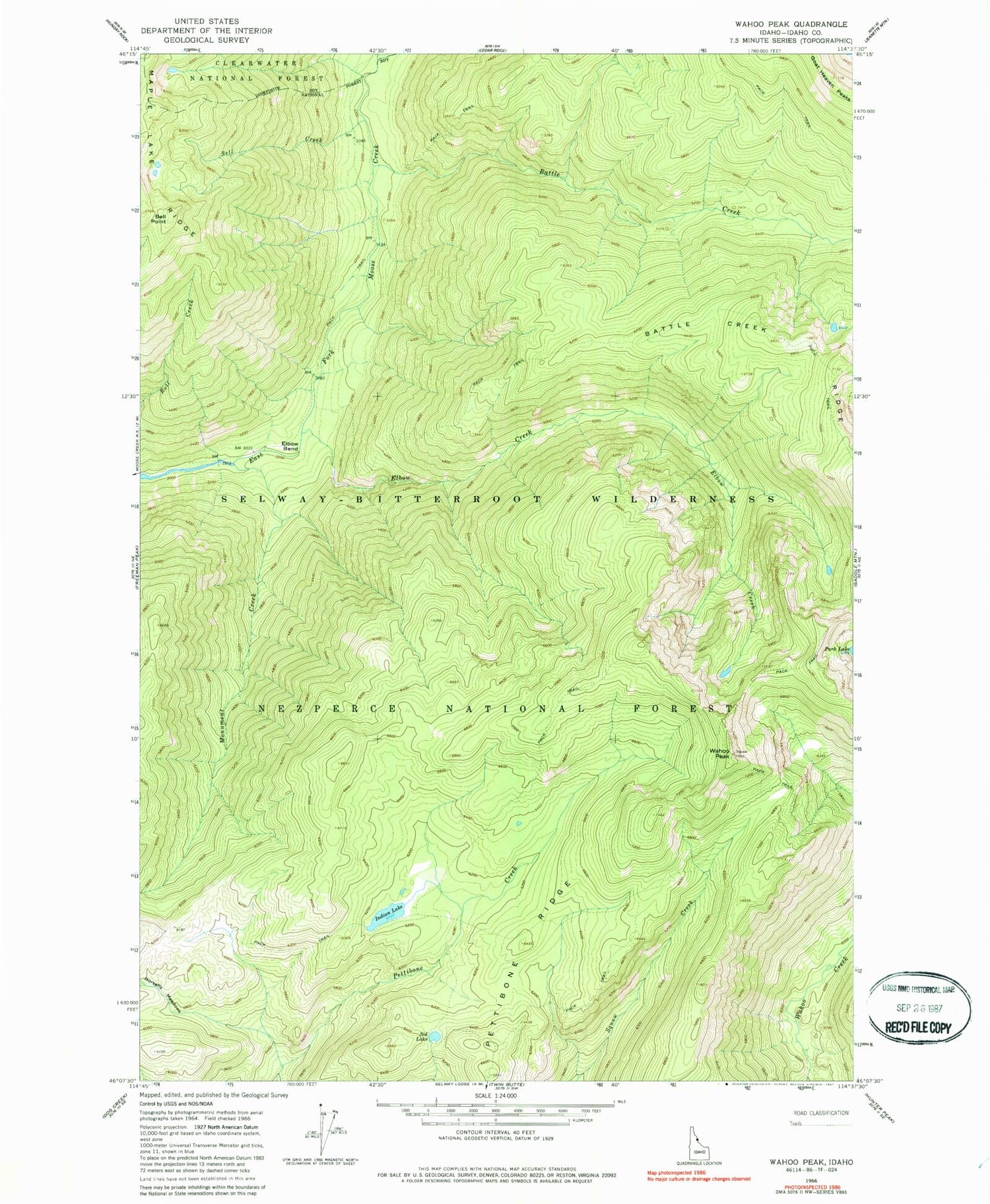 Classic USGS Wahoo Peak Idaho 7.5'x7.5' Topo Map Image