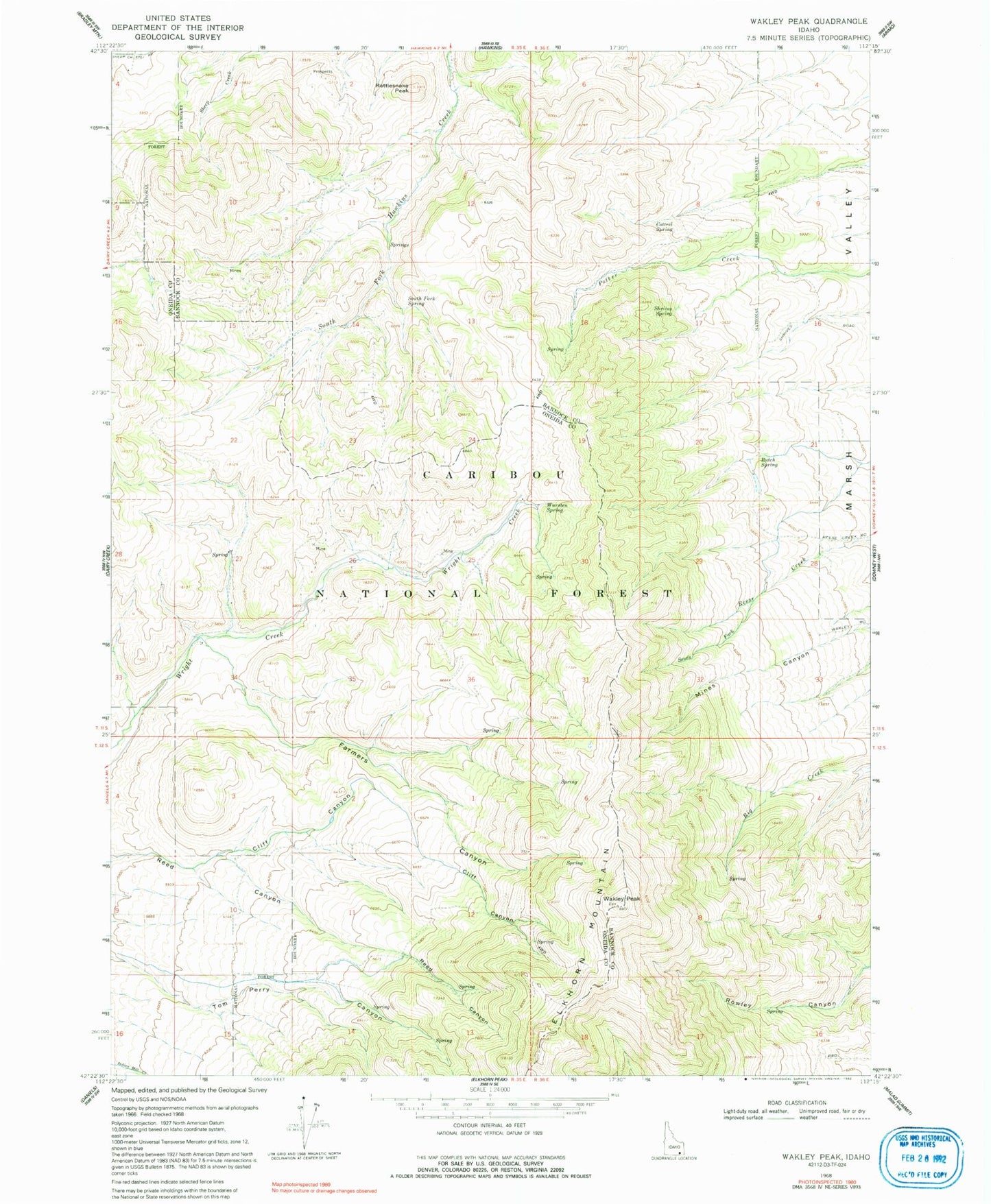 Classic USGS Wakley Peak Idaho 7.5'x7.5' Topo Map Image
