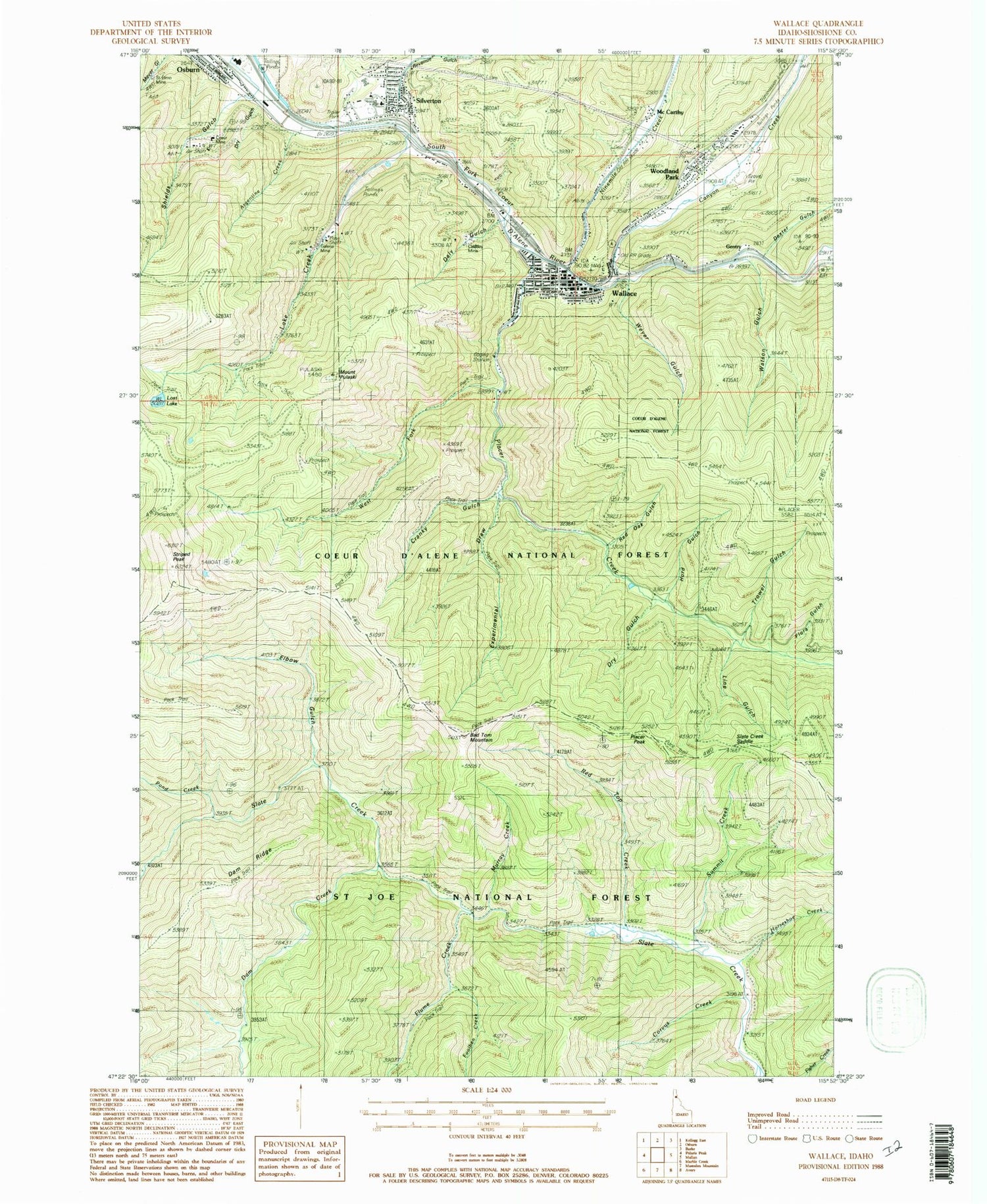 Classic USGS Wallace Idaho 7.5'x7.5' Topo Map Image