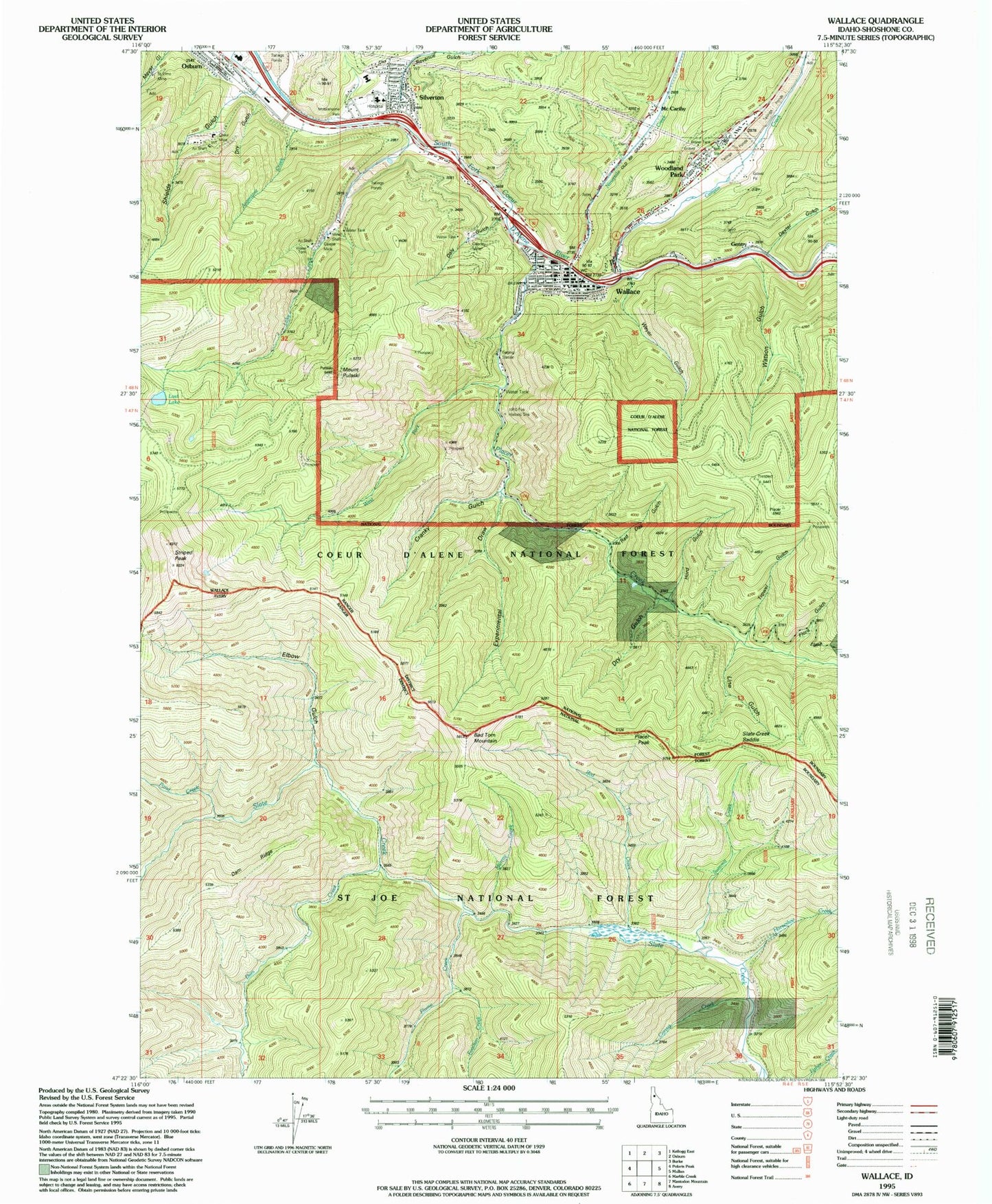Classic USGS Wallace Idaho 7.5'x7.5' Topo Map Image