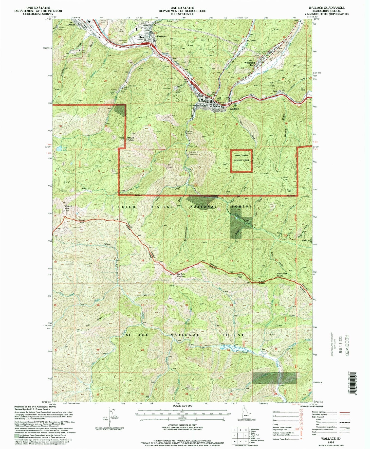 Classic USGS Wallace Idaho 7.5'x7.5' Topo Map Image
