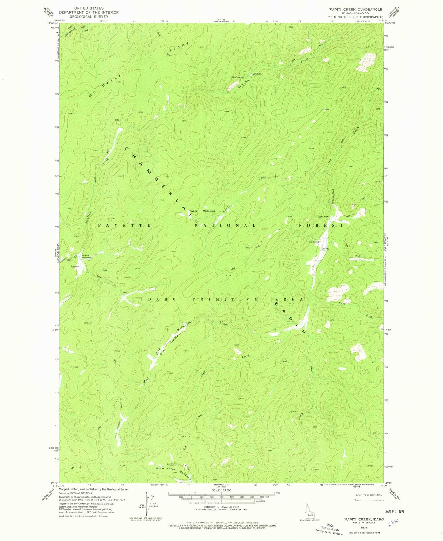 Classic USGS Wapiti Creek Idaho 7.5'x7.5' Topo Map Image