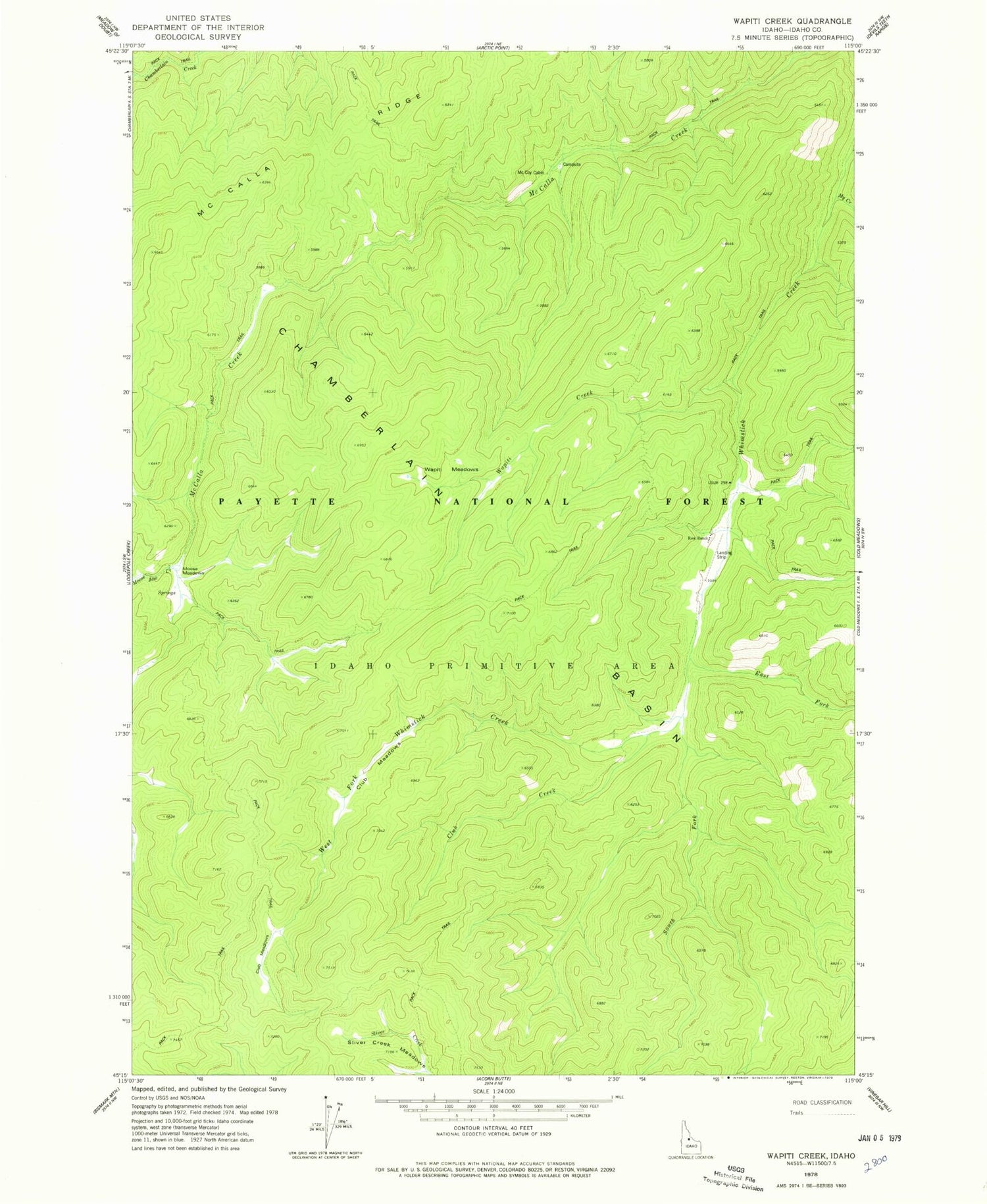 Classic USGS Wapiti Creek Idaho 7.5'x7.5' Topo Map Image