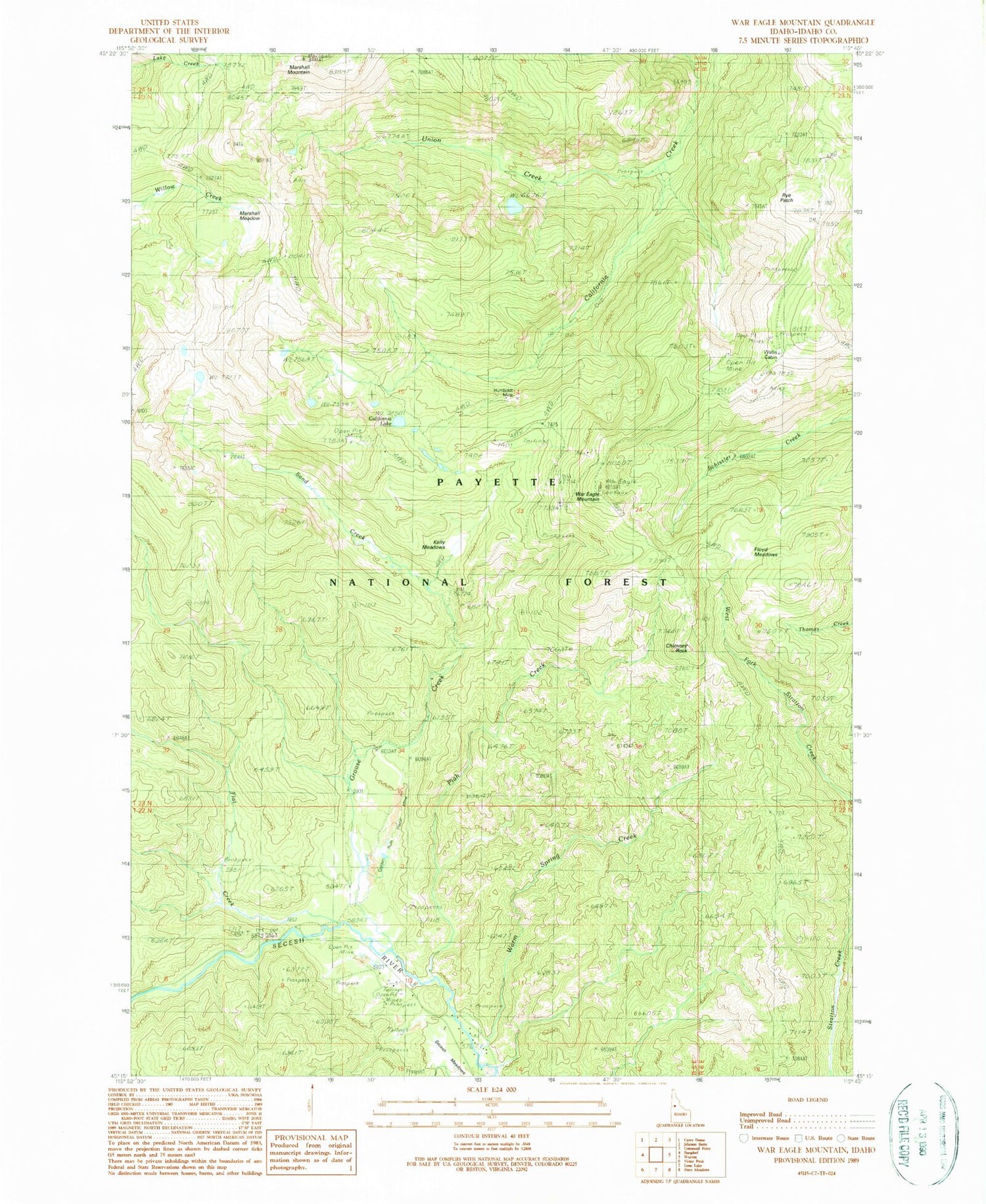 Classic USGS War Eagle Mountain Idaho 7.5'x7.5' Topo Map Image