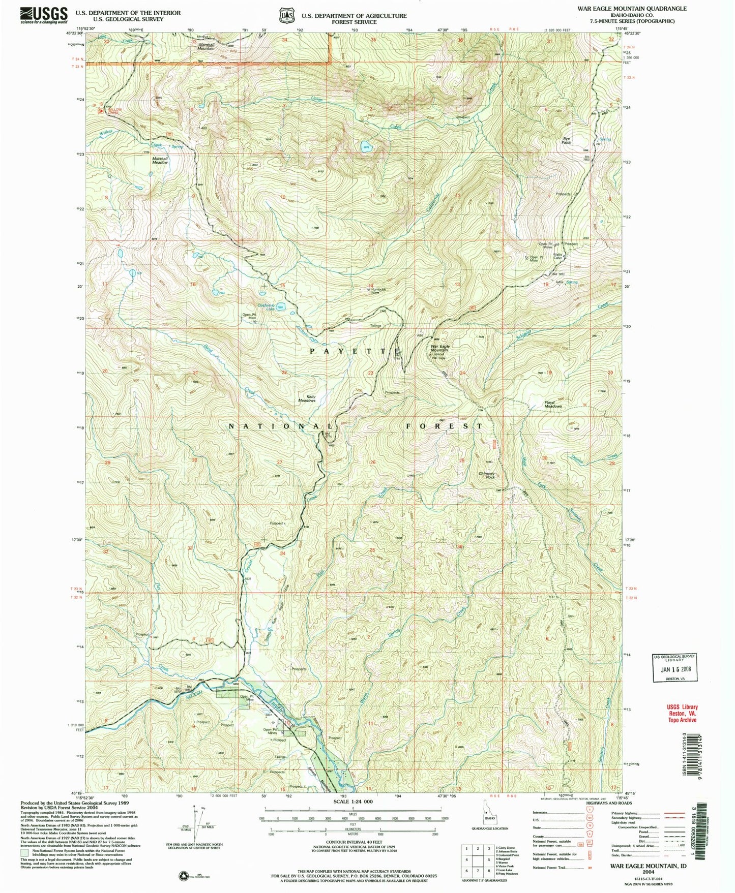 Classic USGS War Eagle Mountain Idaho 7.5'x7.5' Topo Map Image