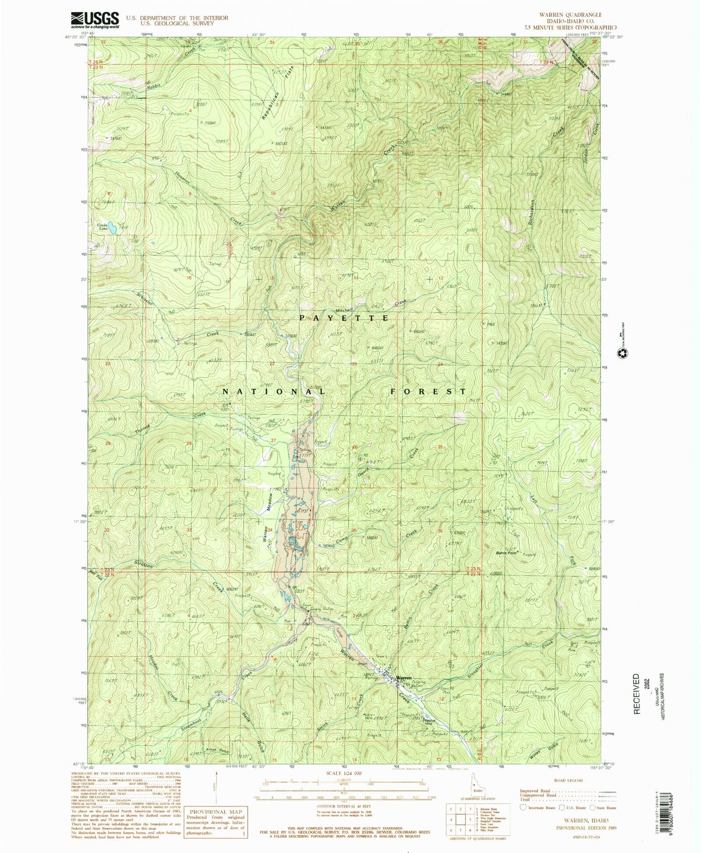 Classic USGS Warren Idaho 7.5'x7.5' Topo Map Image