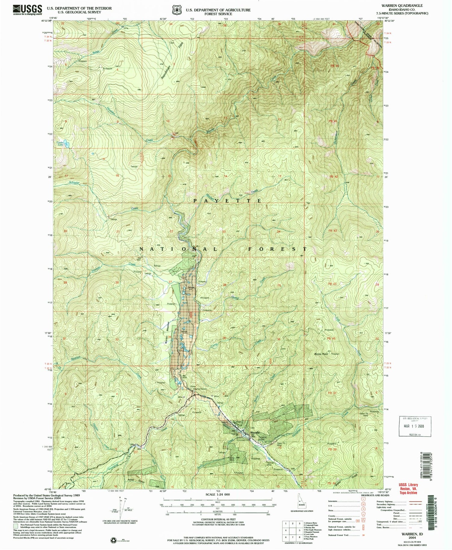 Classic USGS Warren Idaho 7.5'x7.5' Topo Map Image