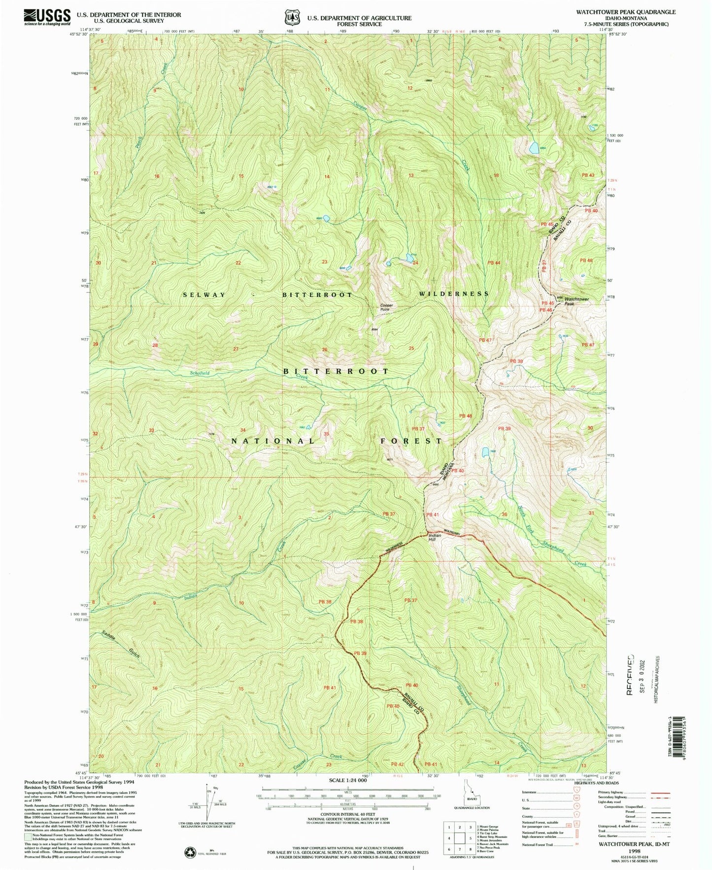 Classic USGS Watchtower Peak Idaho 7.5'x7.5' Topo Map Image