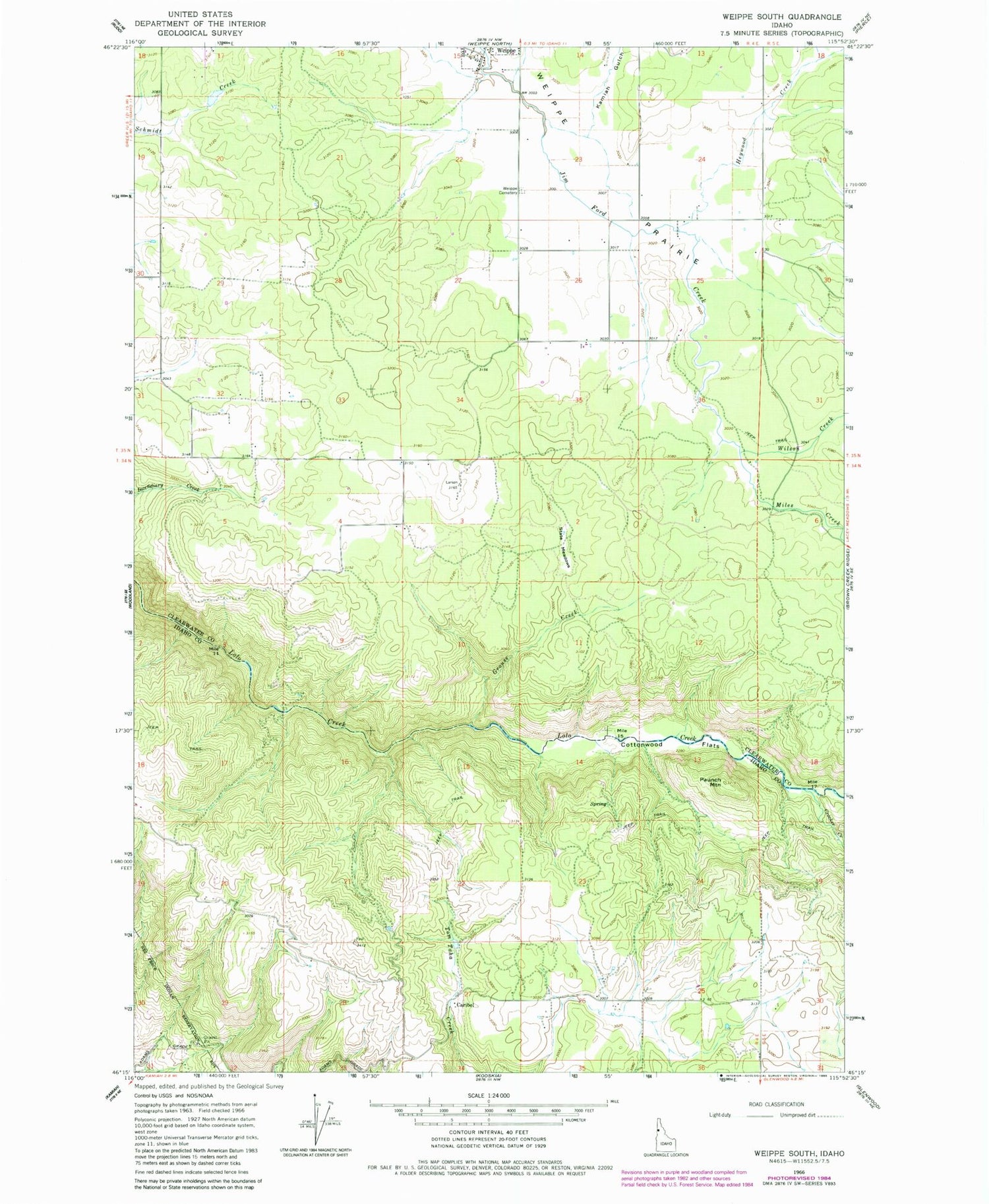 Classic USGS Weippe South Idaho 7.5'x7.5' Topo Map Image