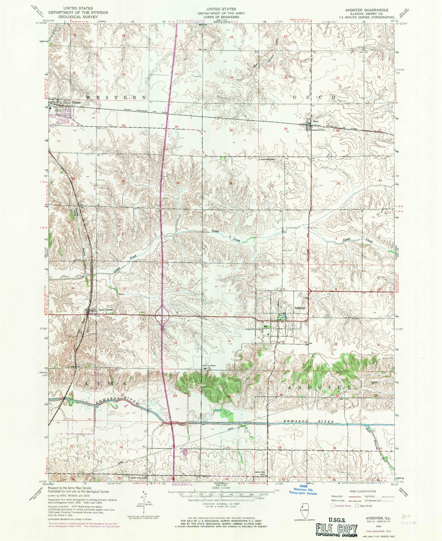 Classic USGS Andover Illinois 7.5'x7.5' Topo Map Image