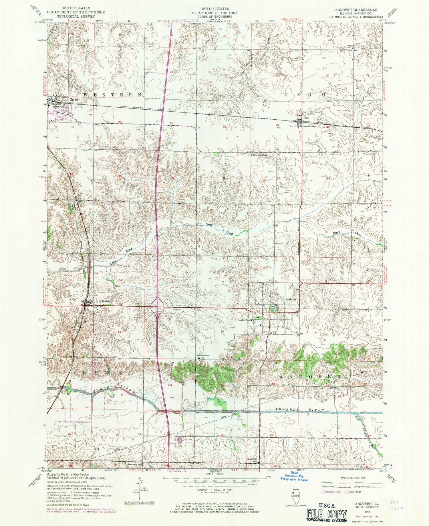 Classic USGS Andover Illinois 7.5'x7.5' Topo Map Image