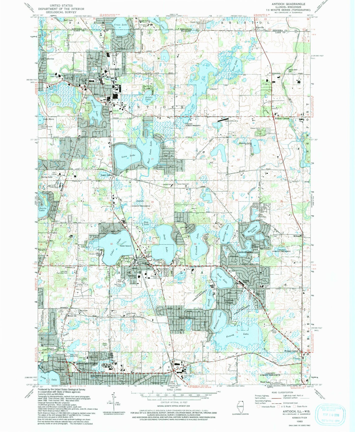 Classic USGS Antioch Illinois 7.5'x7.5' Topo Map Image