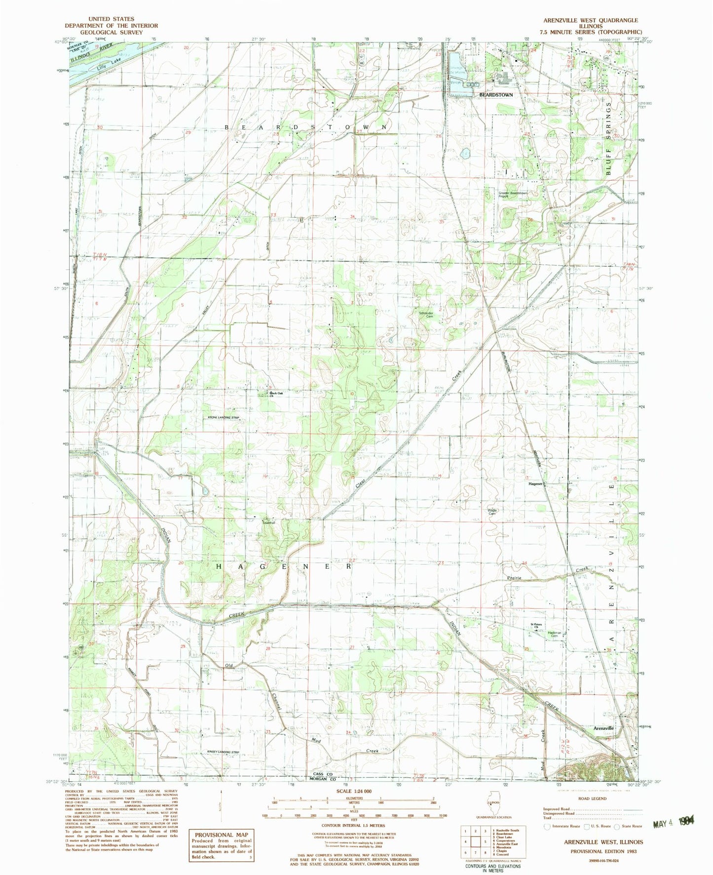 Classic USGS Arenzville West Illinois 7.5'x7.5' Topo Map Image