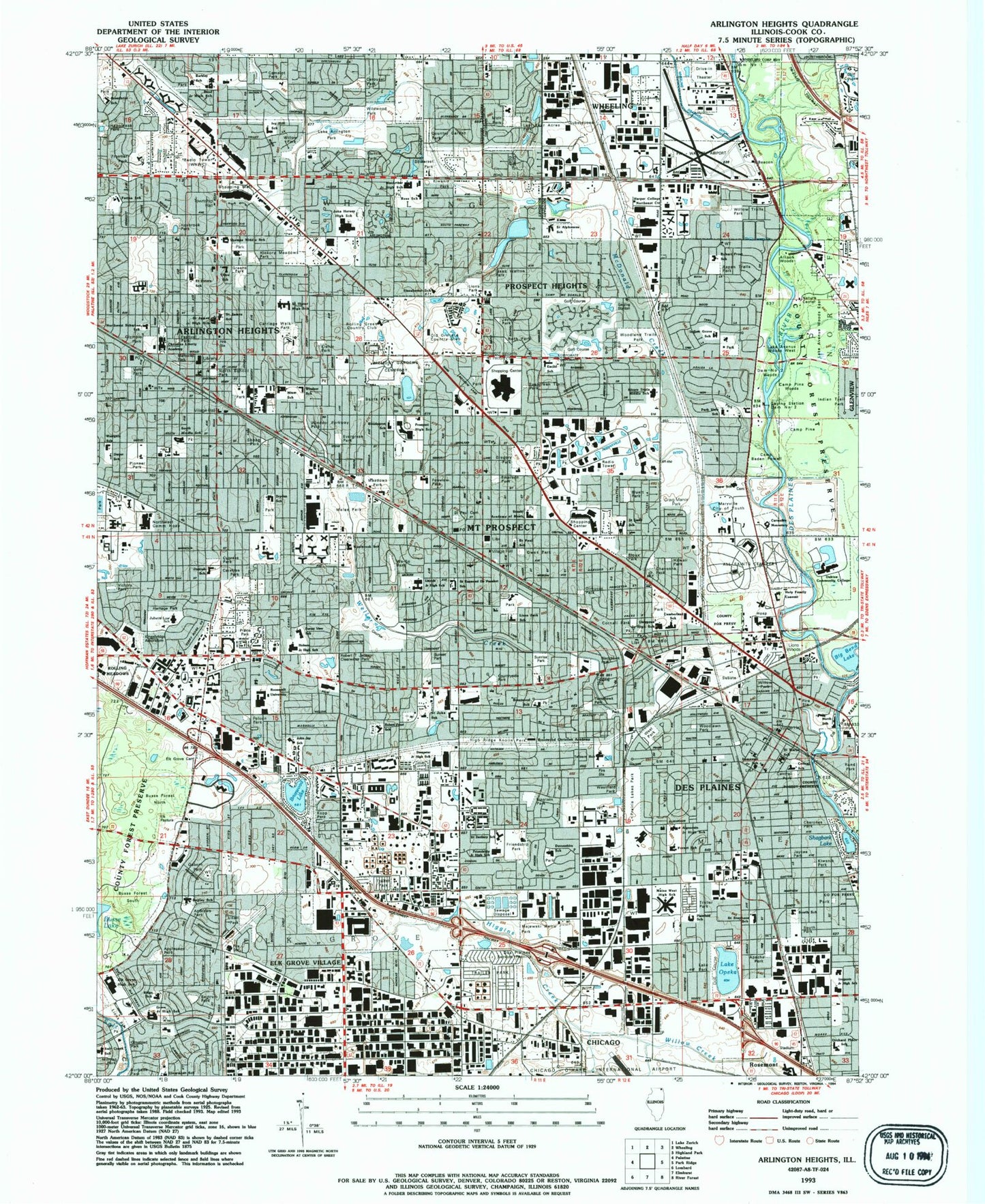 Classic USGS Arlington Heights Illinois 7.5'x7.5' Topo Map Image