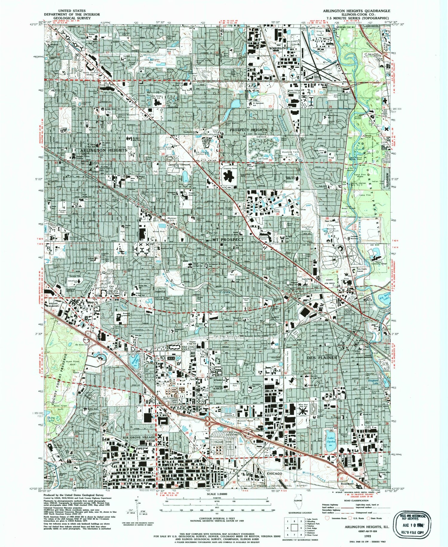 Classic USGS Arlington Heights Illinois 7.5'x7.5' Topo Map Image