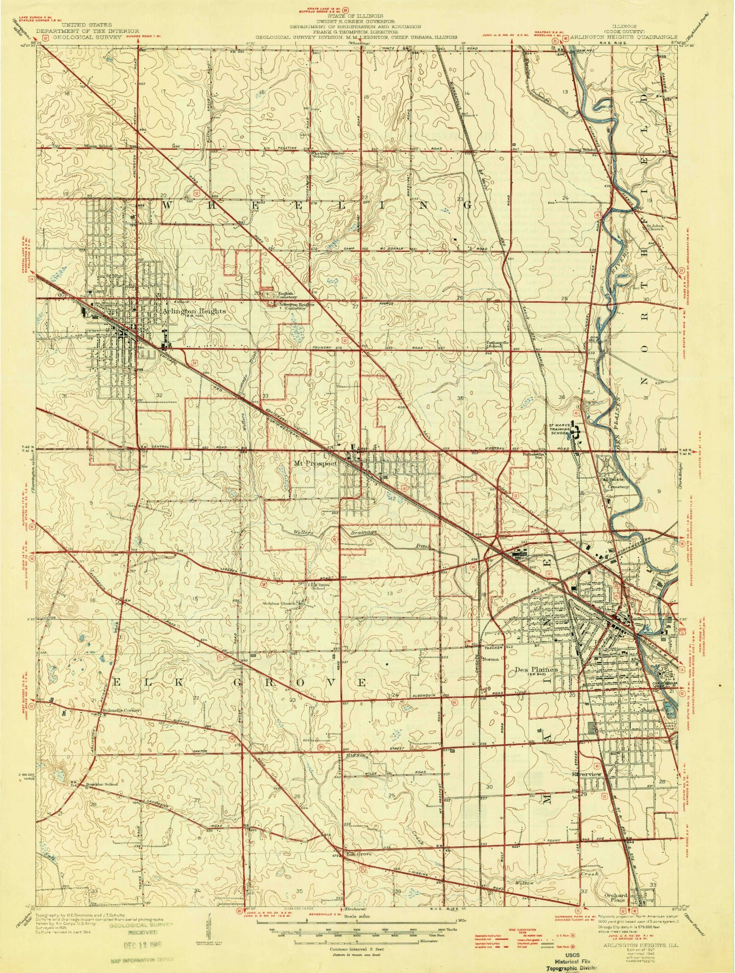 Classic USGS Arlington Heights Illinois 7.5'x7.5' Topo Map Image