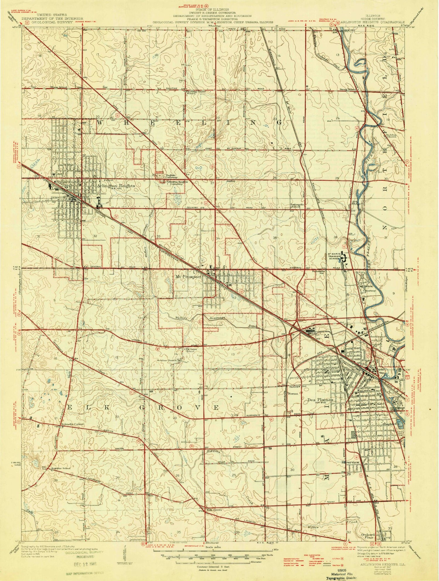 Classic USGS Arlington Heights Illinois 7.5'x7.5' Topo Map Image