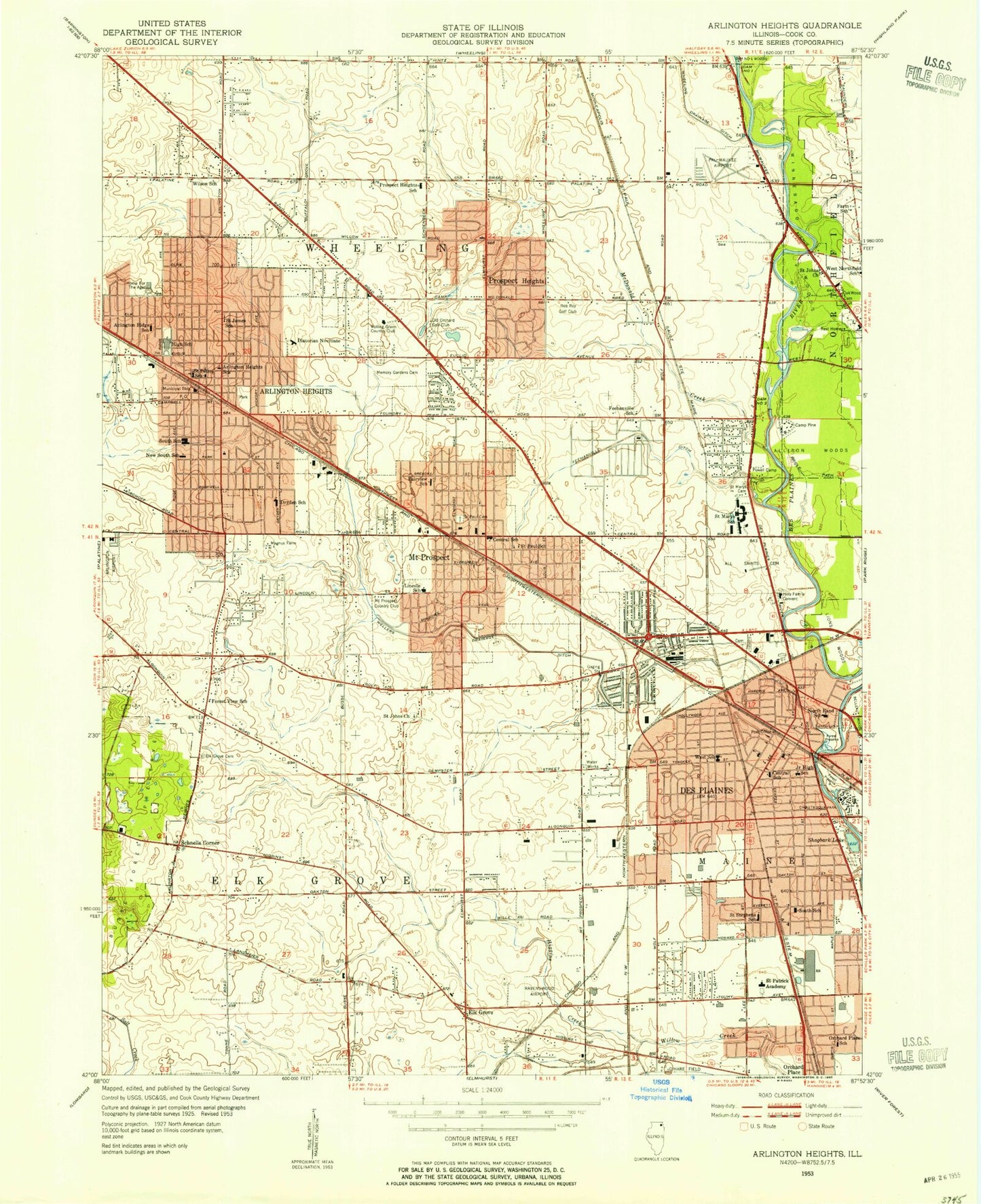 Classic USGS Arlington Heights Illinois 7.5'x7.5' Topo Map Image