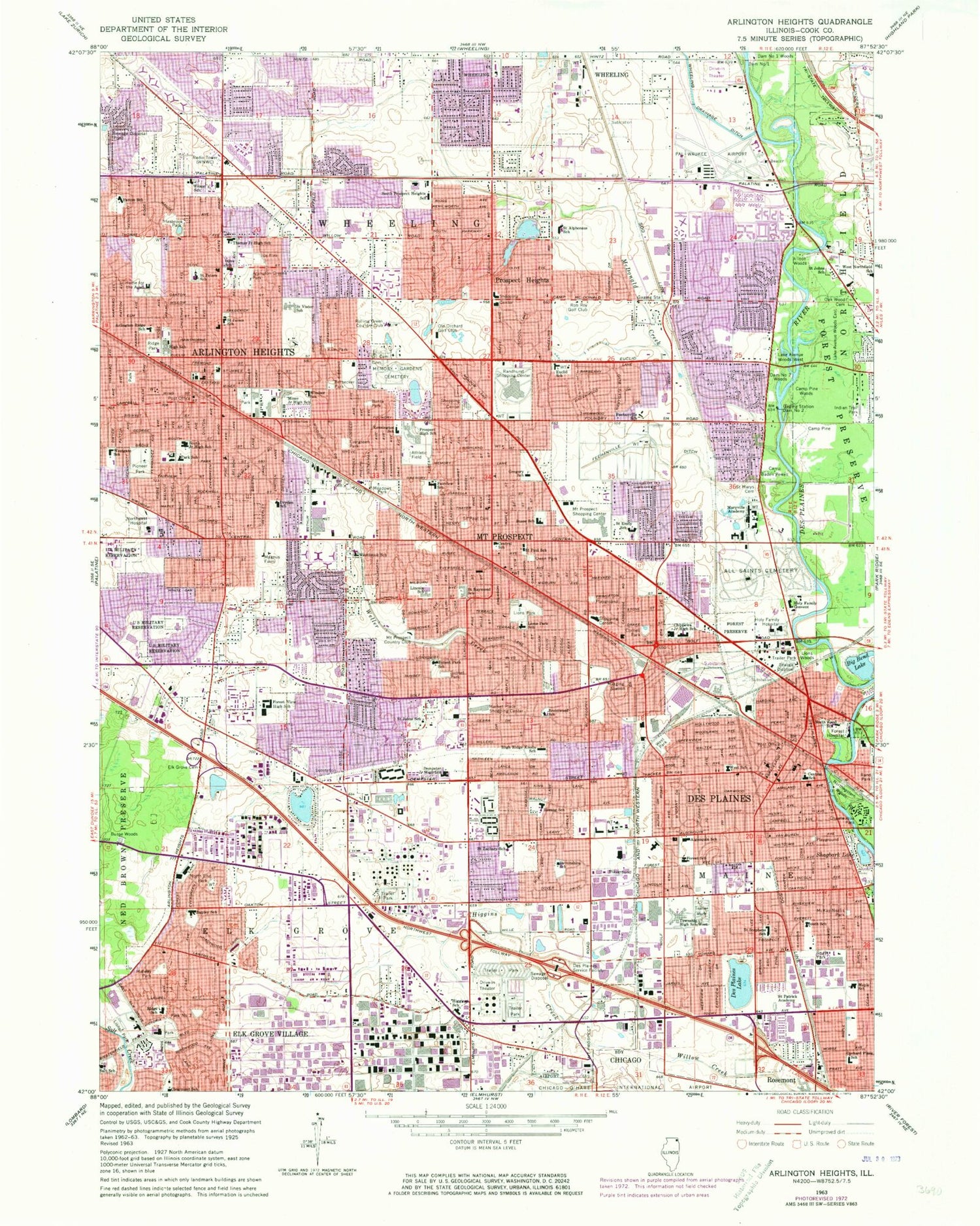 Classic USGS Arlington Heights Illinois 7.5'x7.5' Topo Map Image