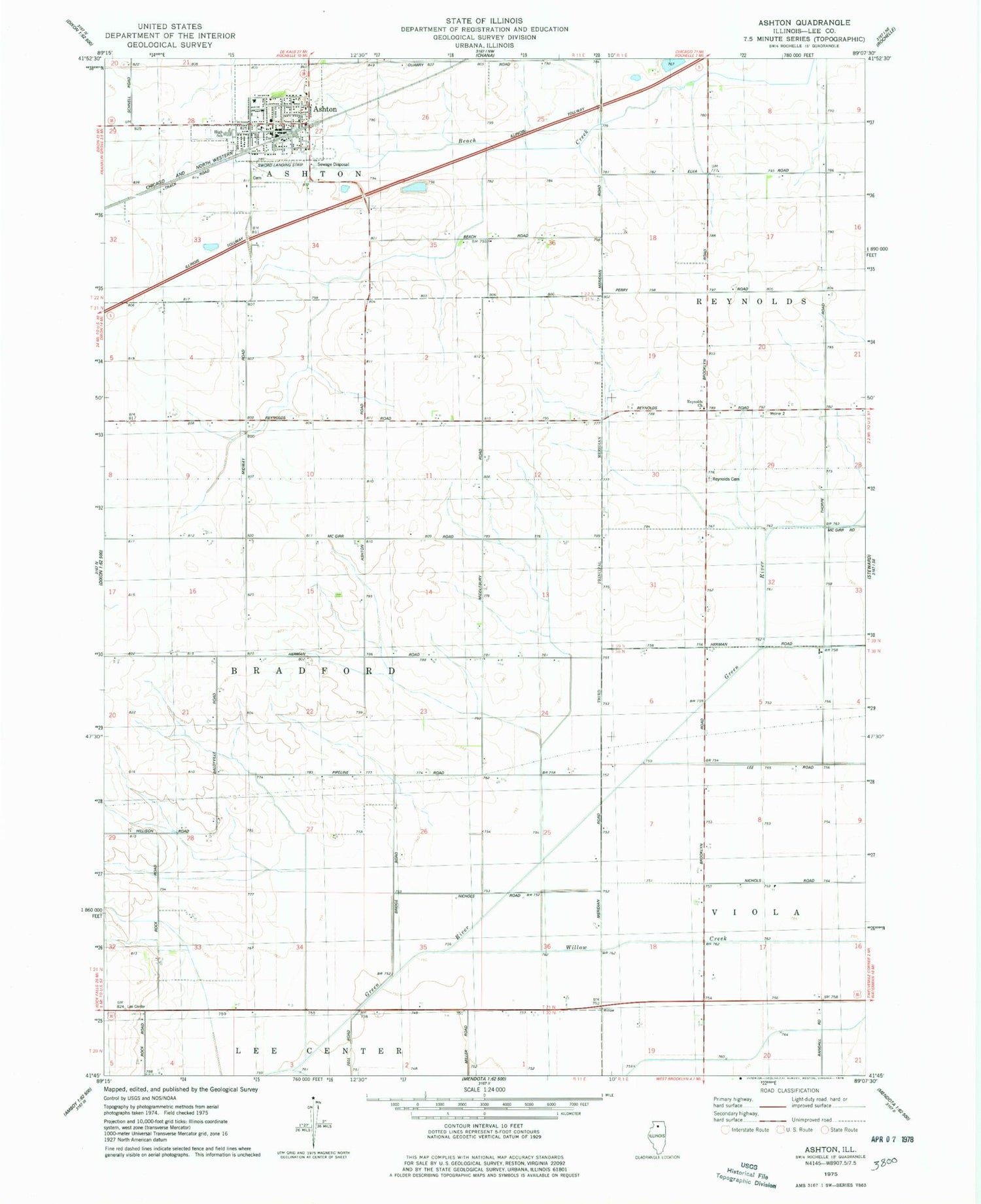 Classic USGS Ashton Illinois 7.5'x7.5' Topo Map Image