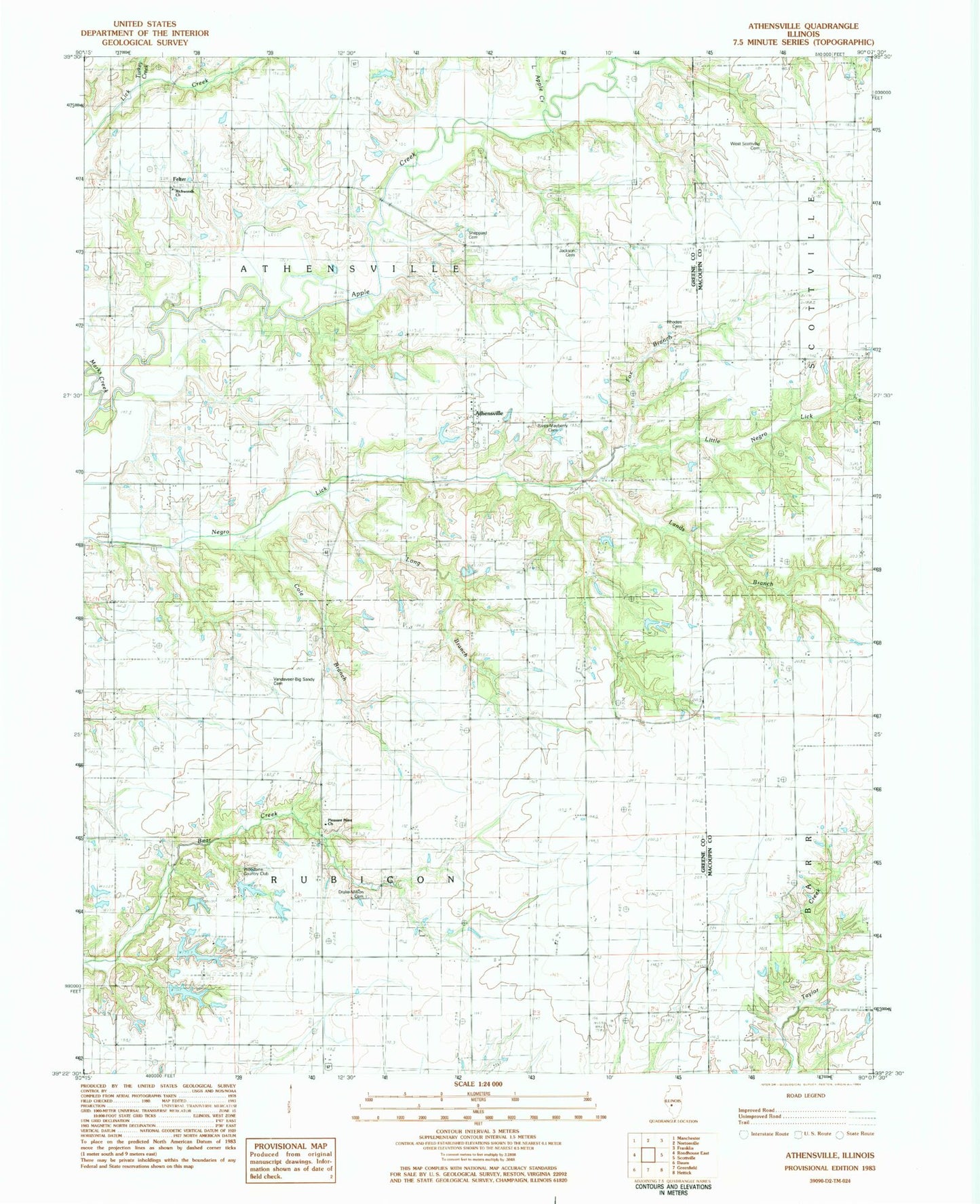Classic USGS Athensville Illinois 7.5'x7.5' Topo Map Image