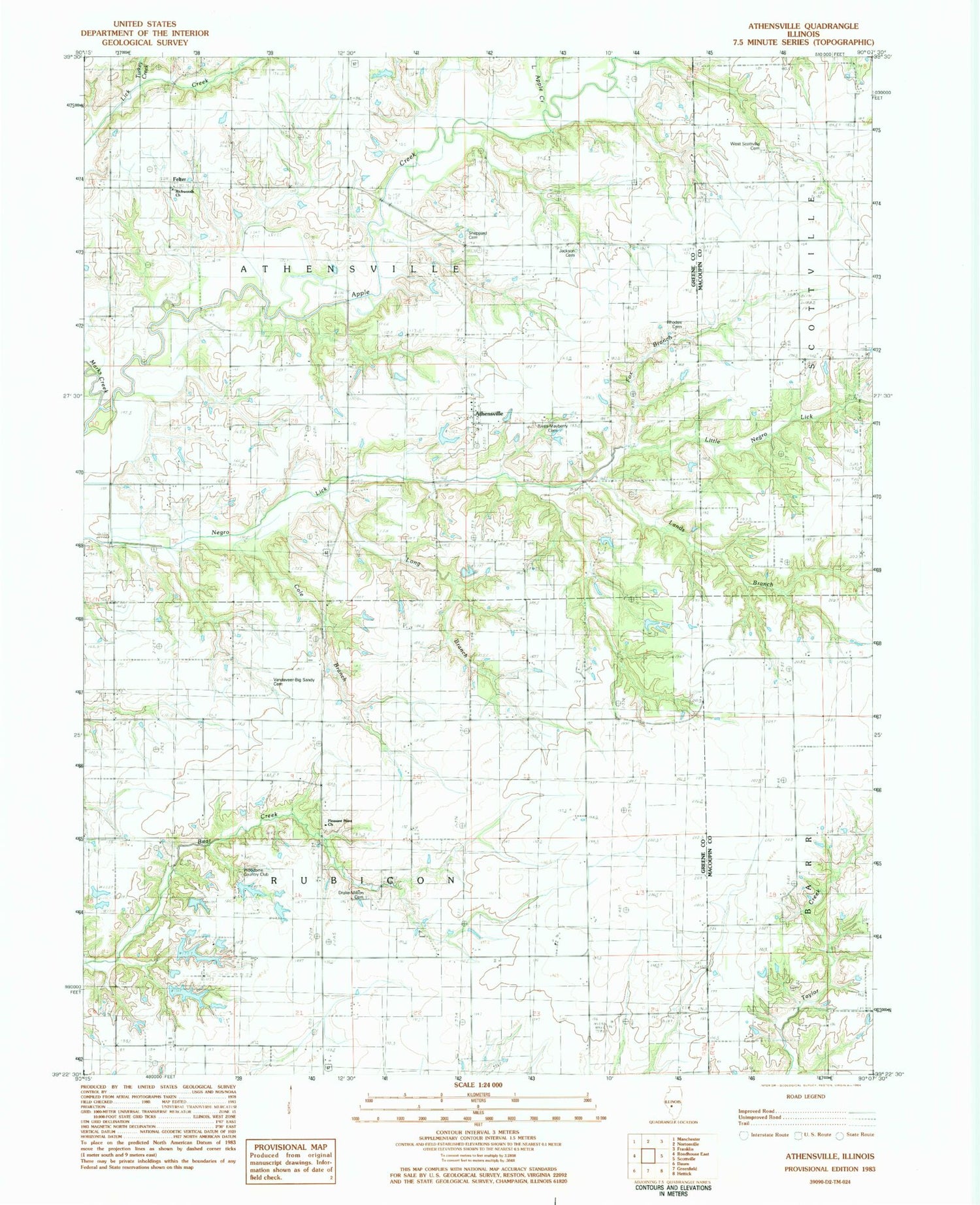 Classic USGS Athensville Illinois 7.5'x7.5' Topo Map Image