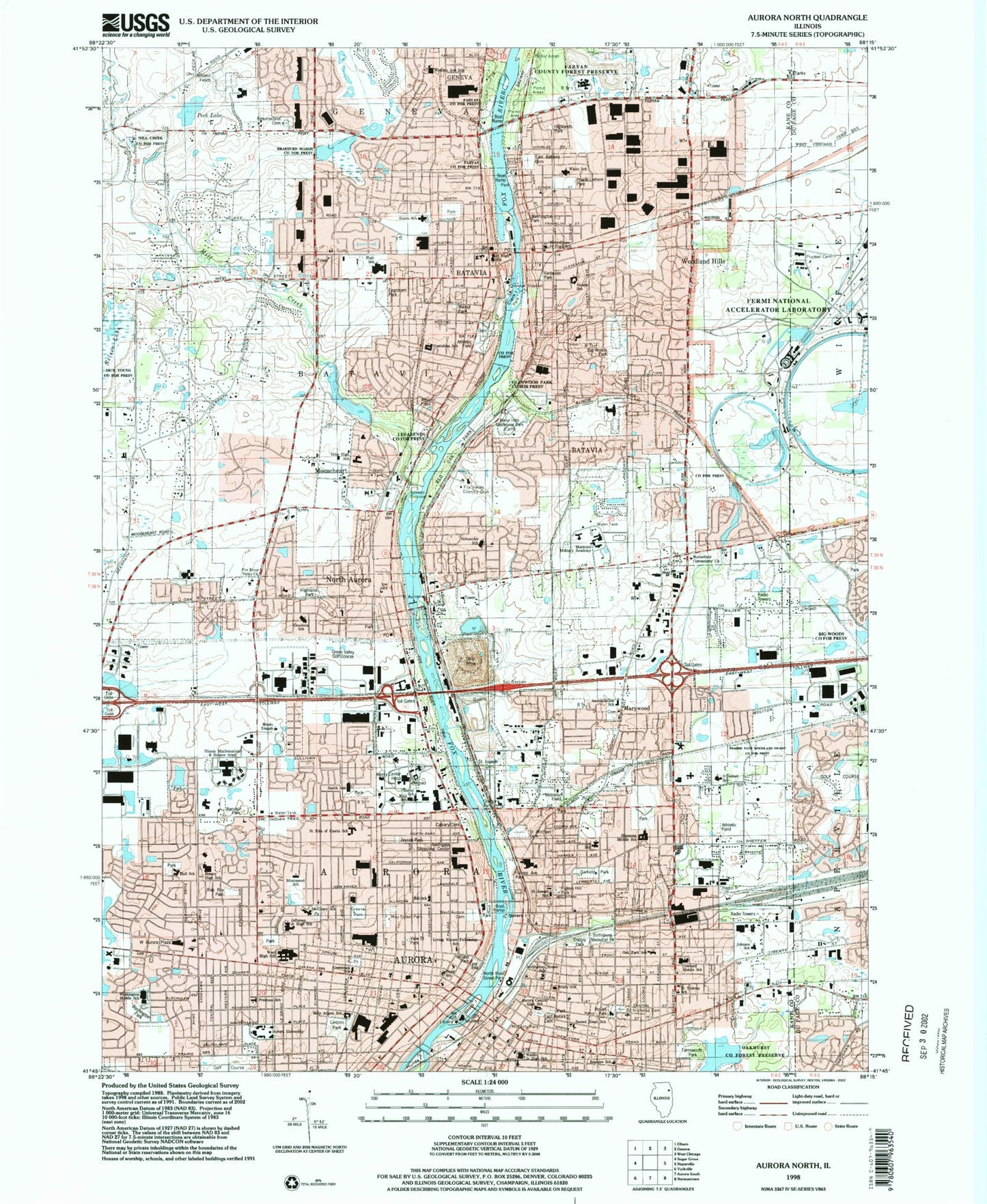 Classic USGS Aurora North Illinois 7.5'x7.5' Topo Map Image