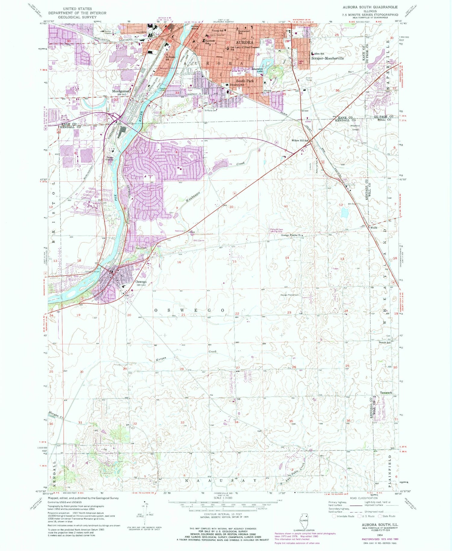 Classic USGS Aurora South Illinois 7.5'x7.5' Topo Map Image