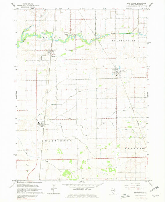 Classic USGS Beaverville Illinois 7.5'x7.5' Topo Map Image